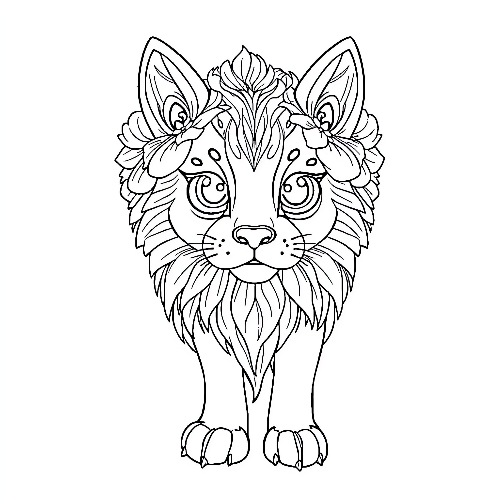 Ornate cat with intricate floral design Coloring Page (free black-and-white line drawing printable PDF for all, from beginners to advanced learners, including children, teens, adults, and seniors)