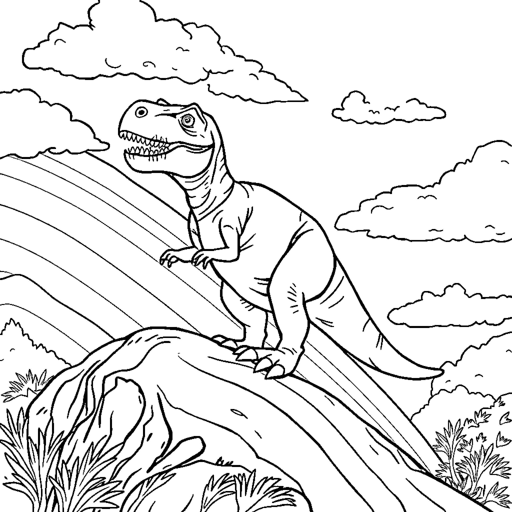 T-Rex Exploring the Rugged Landscape Coloring Page (free black-and-white line drawing printable PDF for all, from beginners to advanced learners, including children, teens, adults, and seniors)