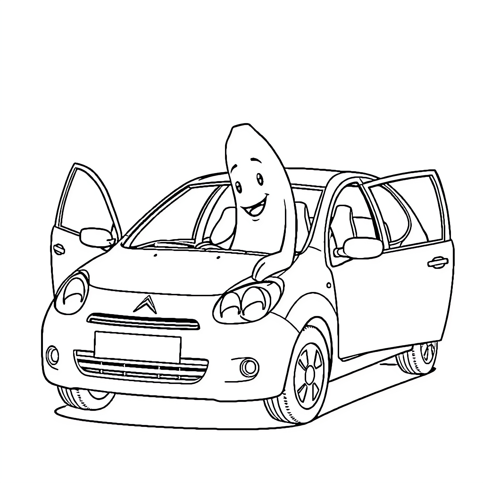 Banana car zooming happily down the road Coloring Page (free black-and-white line drawing printable PDF for all, from beginners to advanced learners, including children, teens, adults, and seniors)