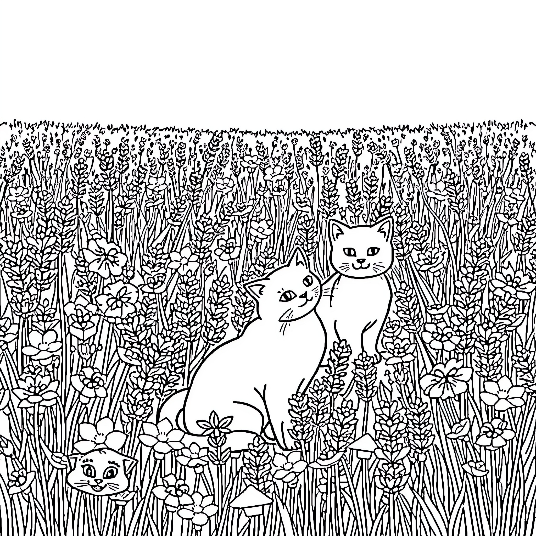 Cats playing in a field of flowers Coloring Page (free black-and-white line drawing printable PDF for all, from beginners to advanced learners, including children, teens, adults, and seniors)