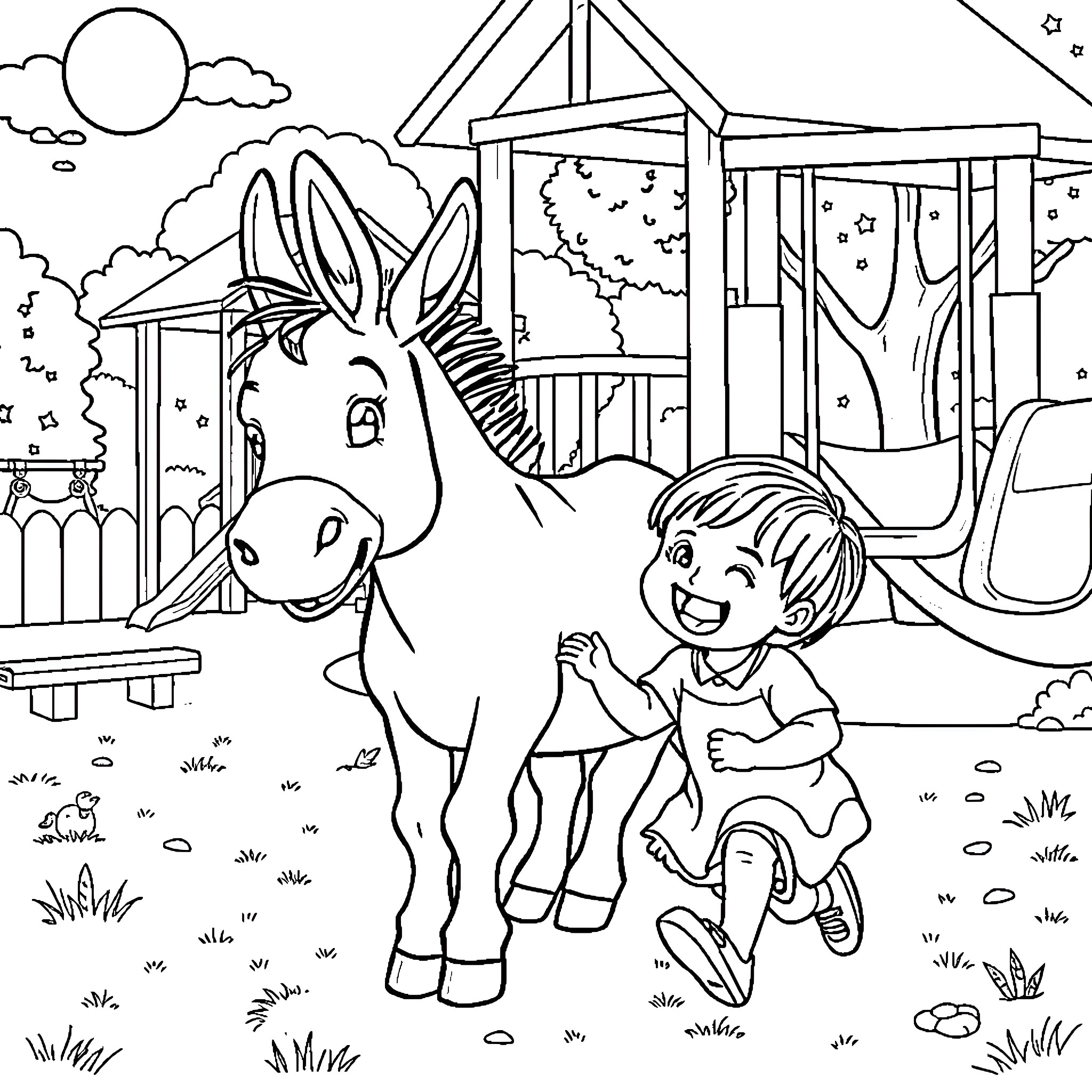 Donkey and child playing happily in the park Coloring Page (free black-and-white line drawing printable PDF for all, from beginners to advanced learners, including children, teens, adults, and seniors)