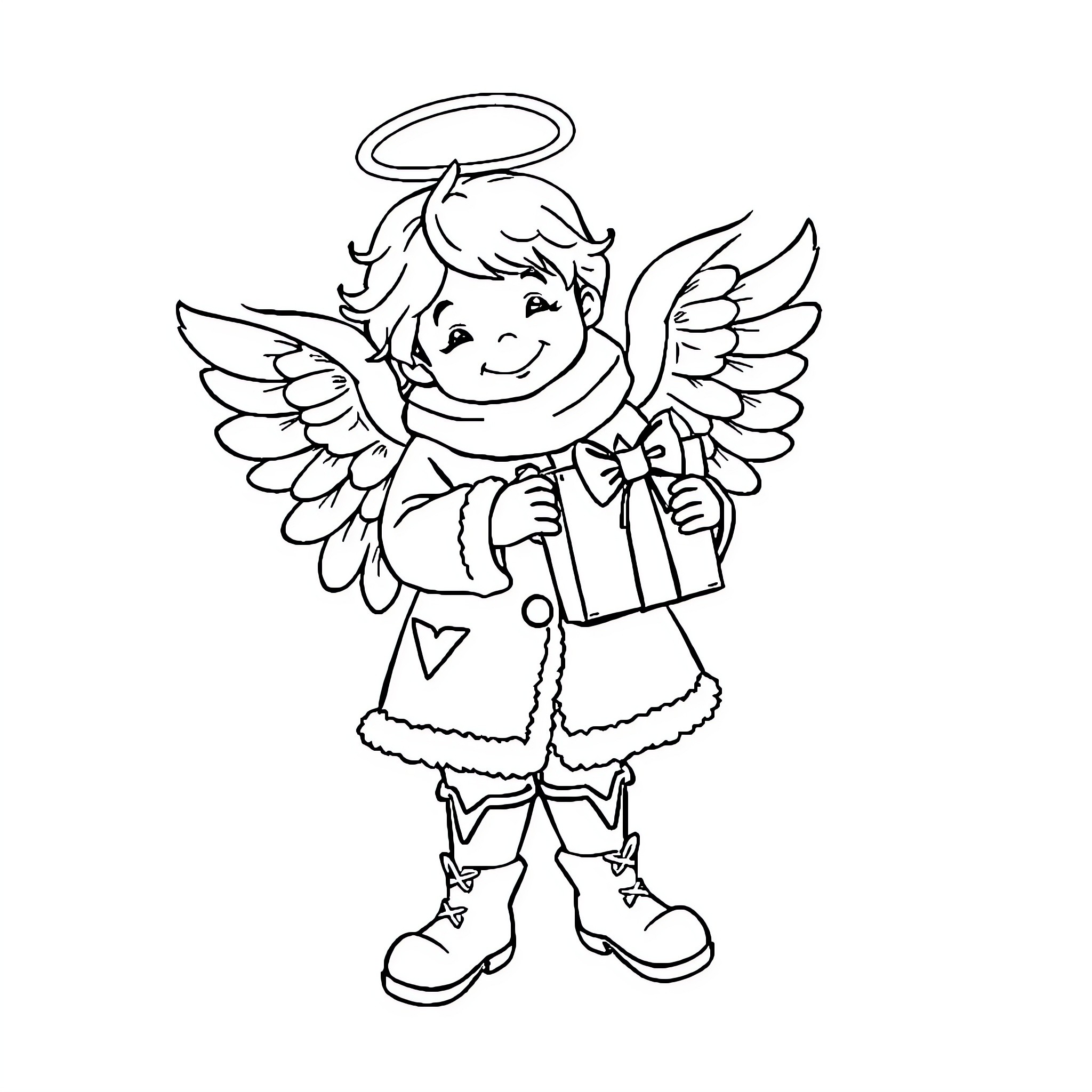 Angel with Gift Spreading Joy Coloring Page (free black-and-white line drawing printable PDF for all, from beginners to advanced learners, including children, teens, adults, and seniors)