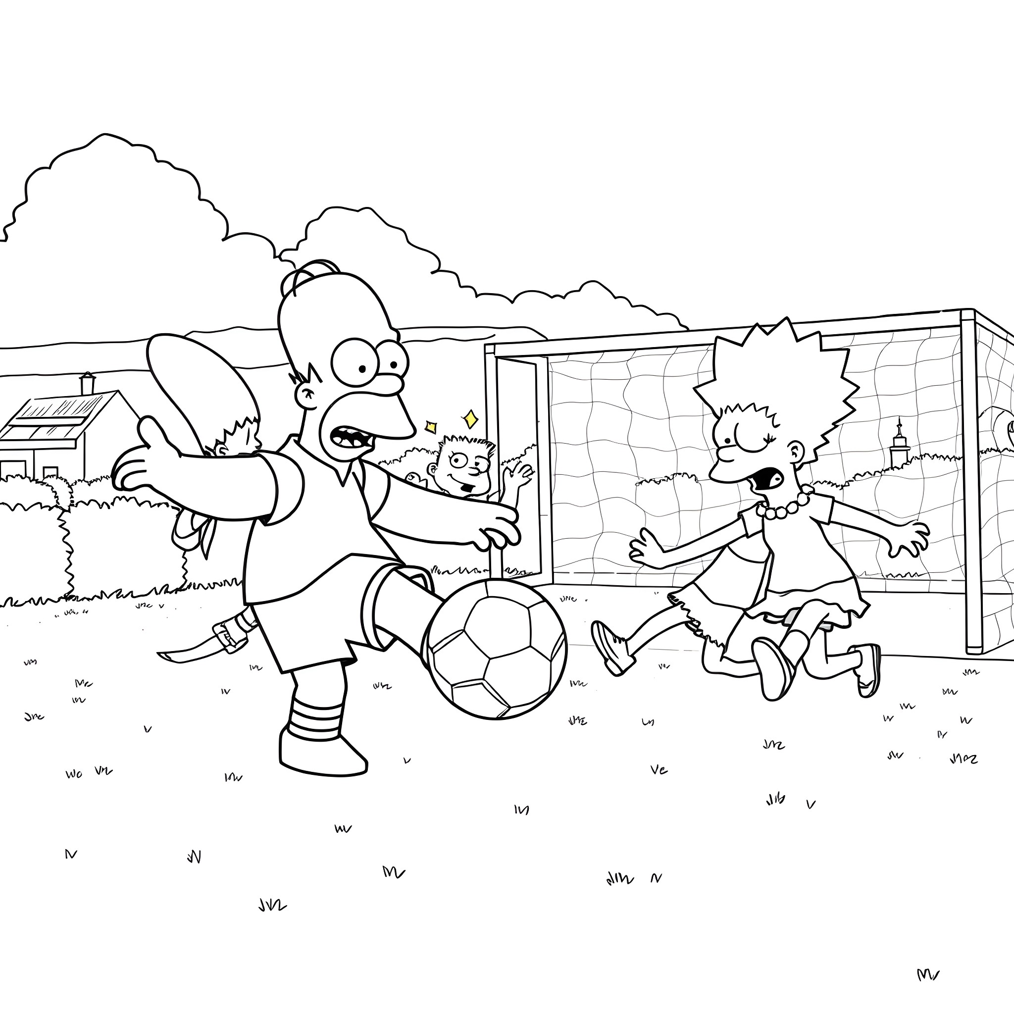 Simpson Family Playing Soccer in the Park Coloring Page (free black-and-white line drawing printable PDF for all, from beginners to advanced learners, including children, teens, adults, and seniors)