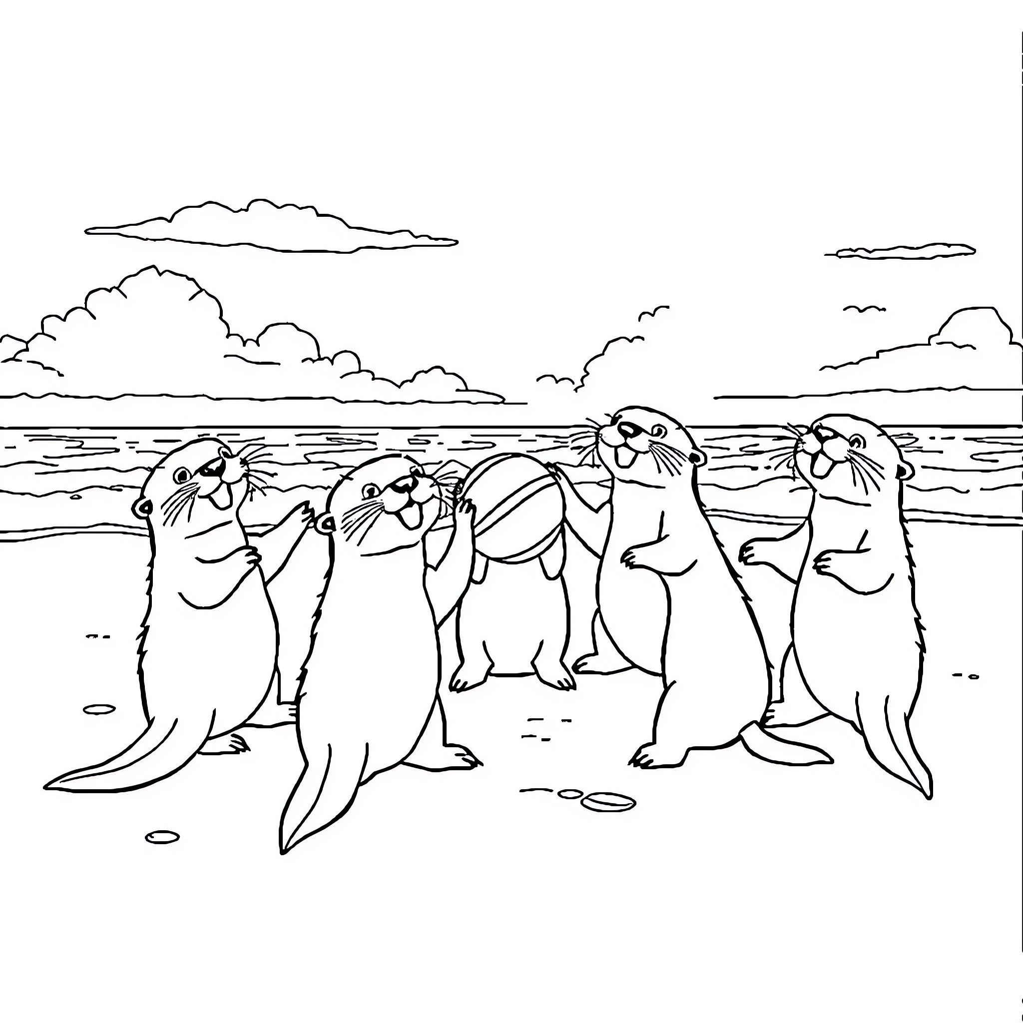 Otters frolicking joyfully by the shore Coloring Page (free black-and-white line drawing printable PDF for all, from beginners to advanced learners, including children, teens, adults, and seniors)