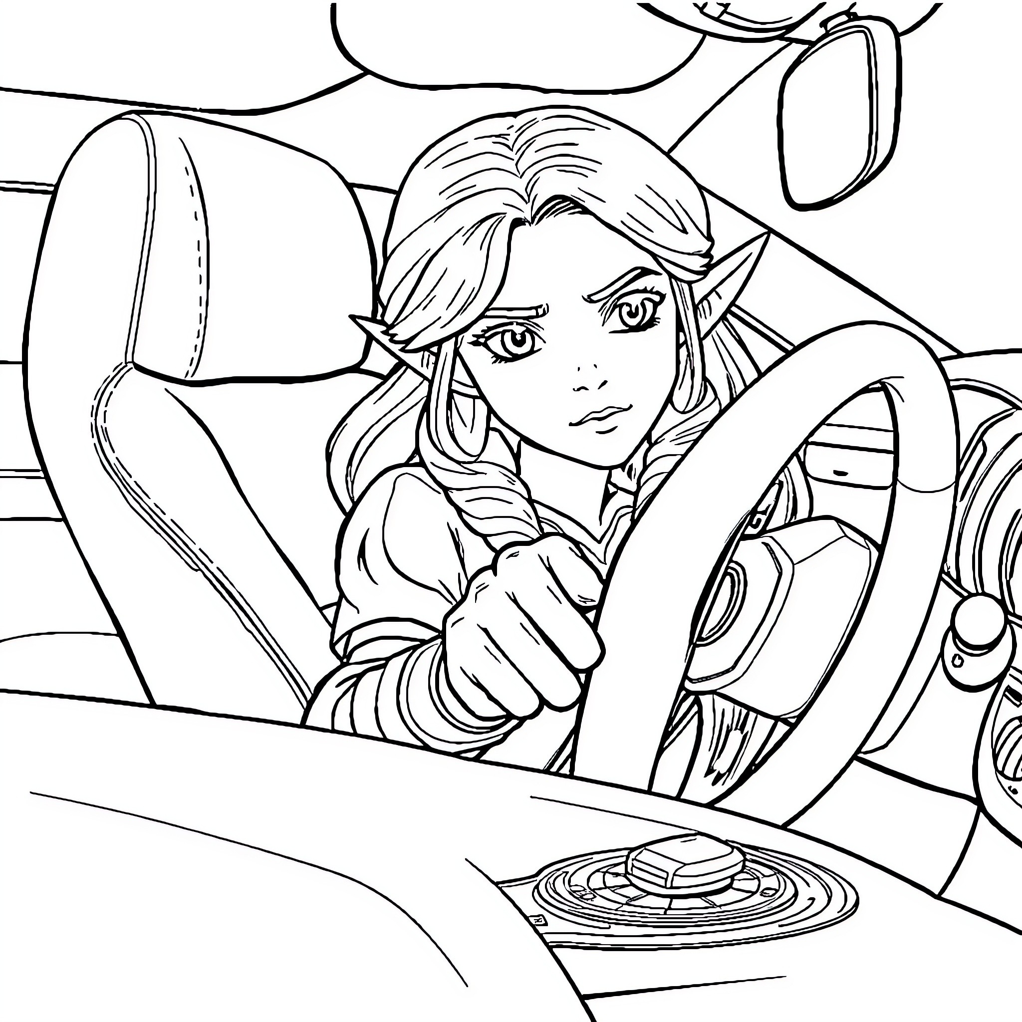 Zelda drives a car and looks thoughtful Coloring Page (free black-and-white line drawing printable PDF for all, from beginners to advanced learners, including children, teens, adults, and seniors)