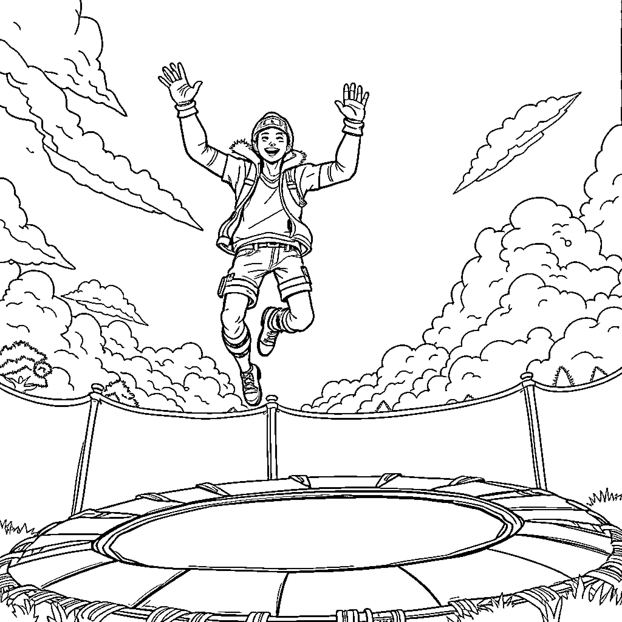 Fortnite Character Jumping Excitedly on Trampoline Coloring Page (free black-and-white line drawing printable PDF for all, from beginners to advanced learners, including children, teens, adults, and seniors)
