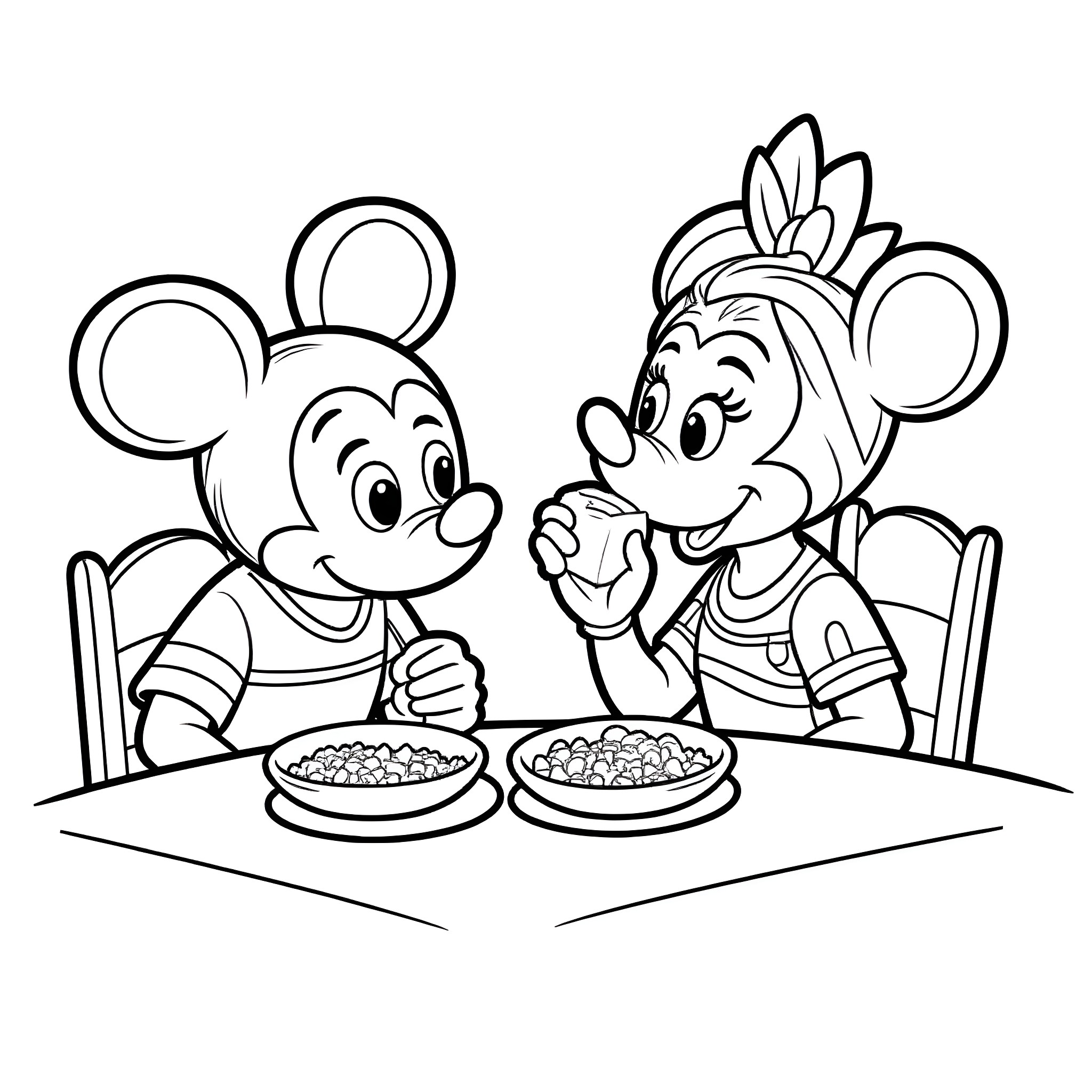 Moana and Maui eating together happily Coloring Page (free black-and-white line drawing printable PDF for all, from beginners to advanced learners, including children, teens, adults, and seniors)