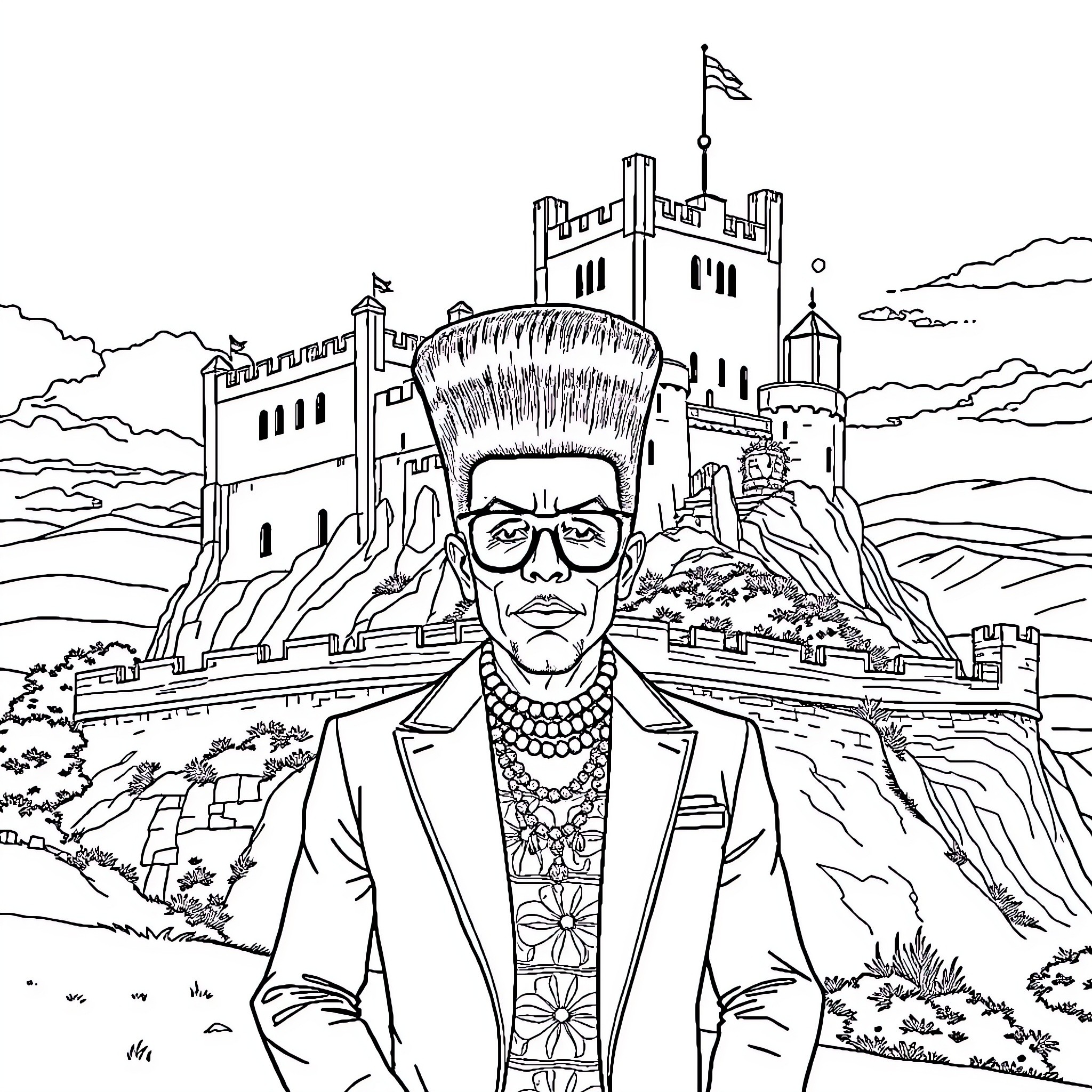 RuPaul's Glamorous Portrait with Majestic Castle Backdrop Coloring Page (free black-and-white line drawing printable PDF for all, from beginners to advanced learners, including children, teens, adults, and seniors)