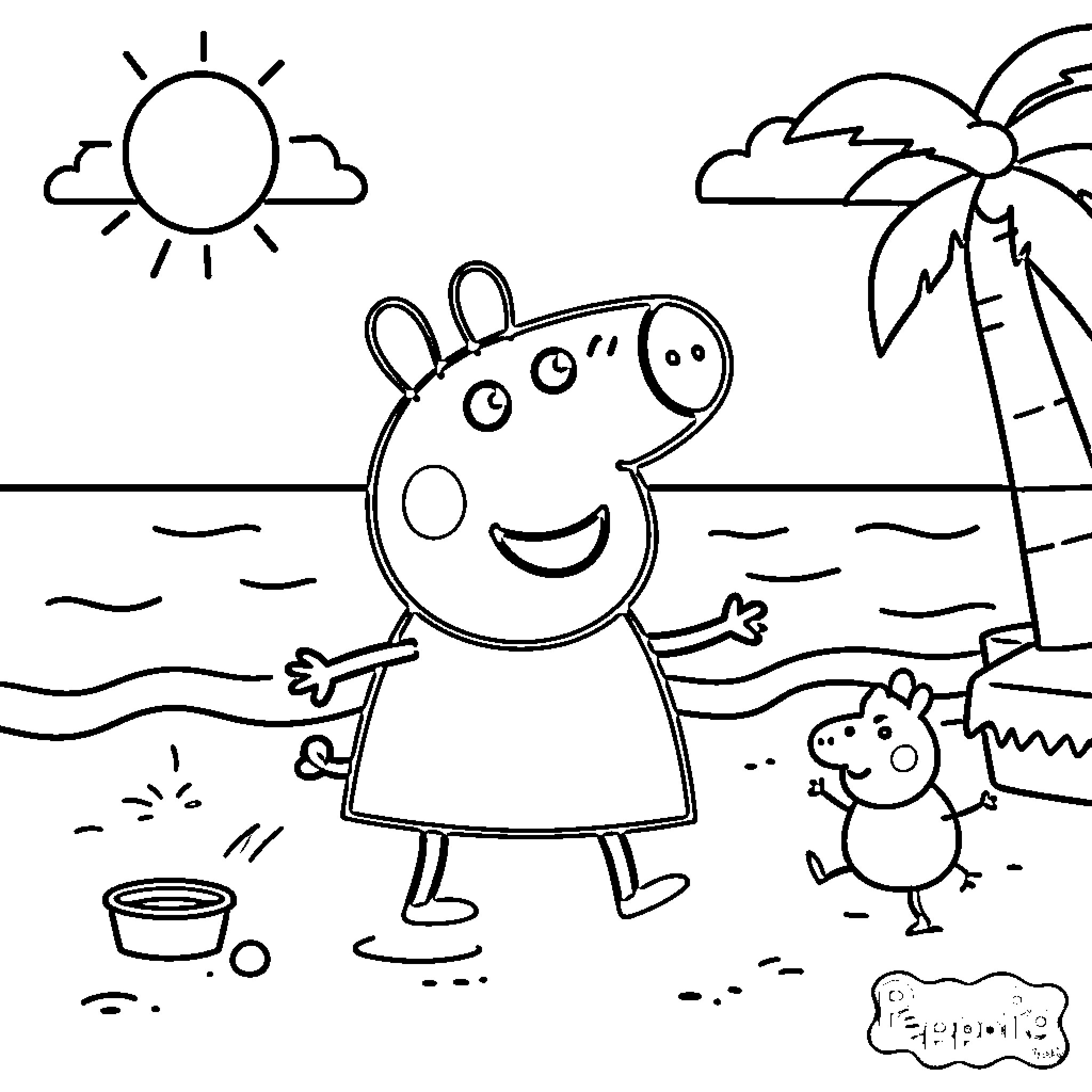 Peppa and George playing happily on a sunny beach Coloring Page (free black-and-white line drawing printable PDF for all, from beginners to advanced learners, including children, teens, adults, and seniors)