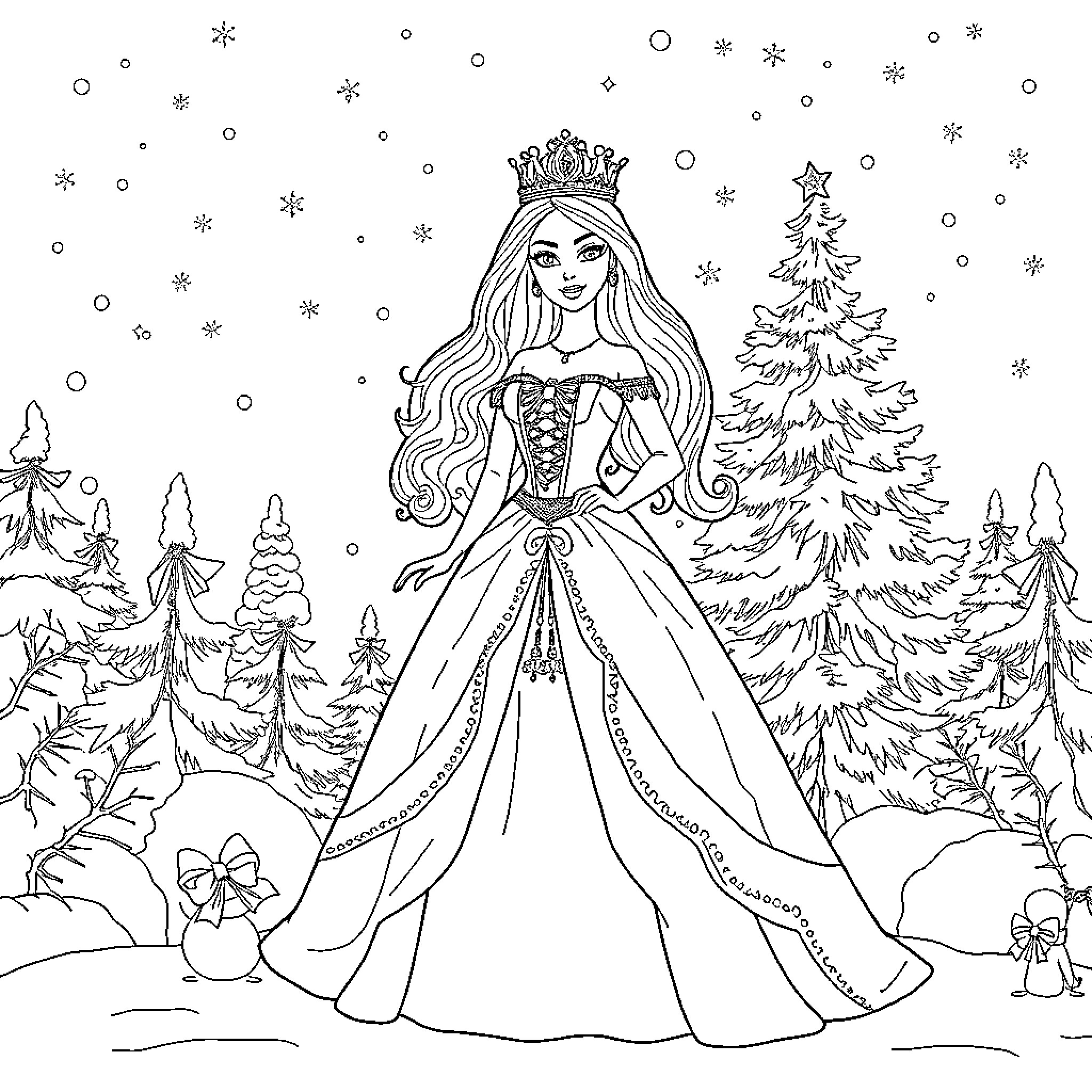 Barbie in a Magical Winter Wonderland Coloring Page (free black-and-white line drawing printable PDF for all, from beginners to advanced learners, including children, teens, adults, and seniors)