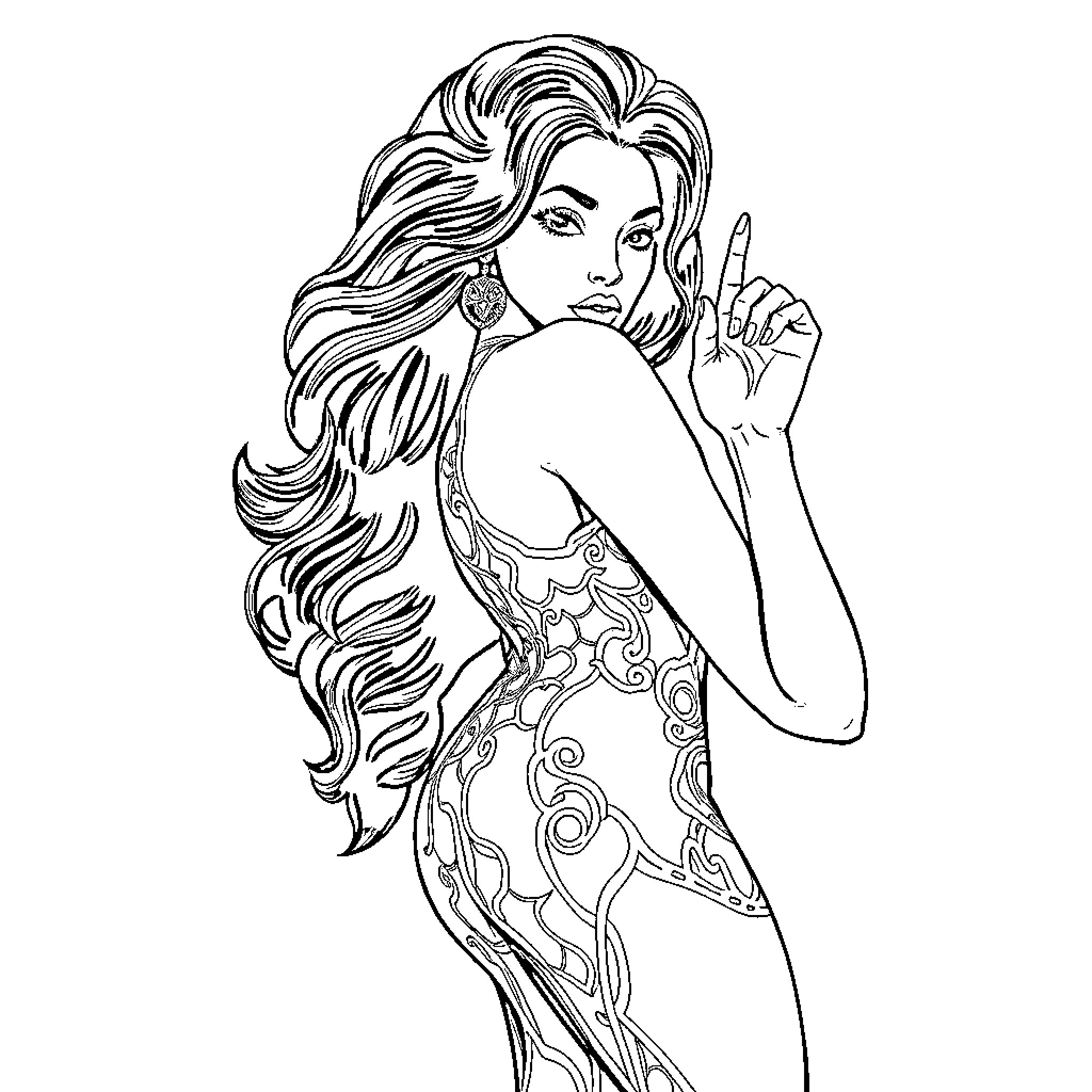 Boa Hancock in Elegant Pose with Confident Expression Coloring Page (free black-and-white line drawing printable PDF for all, from beginners to advanced learners, including children, teens, adults, and seniors)