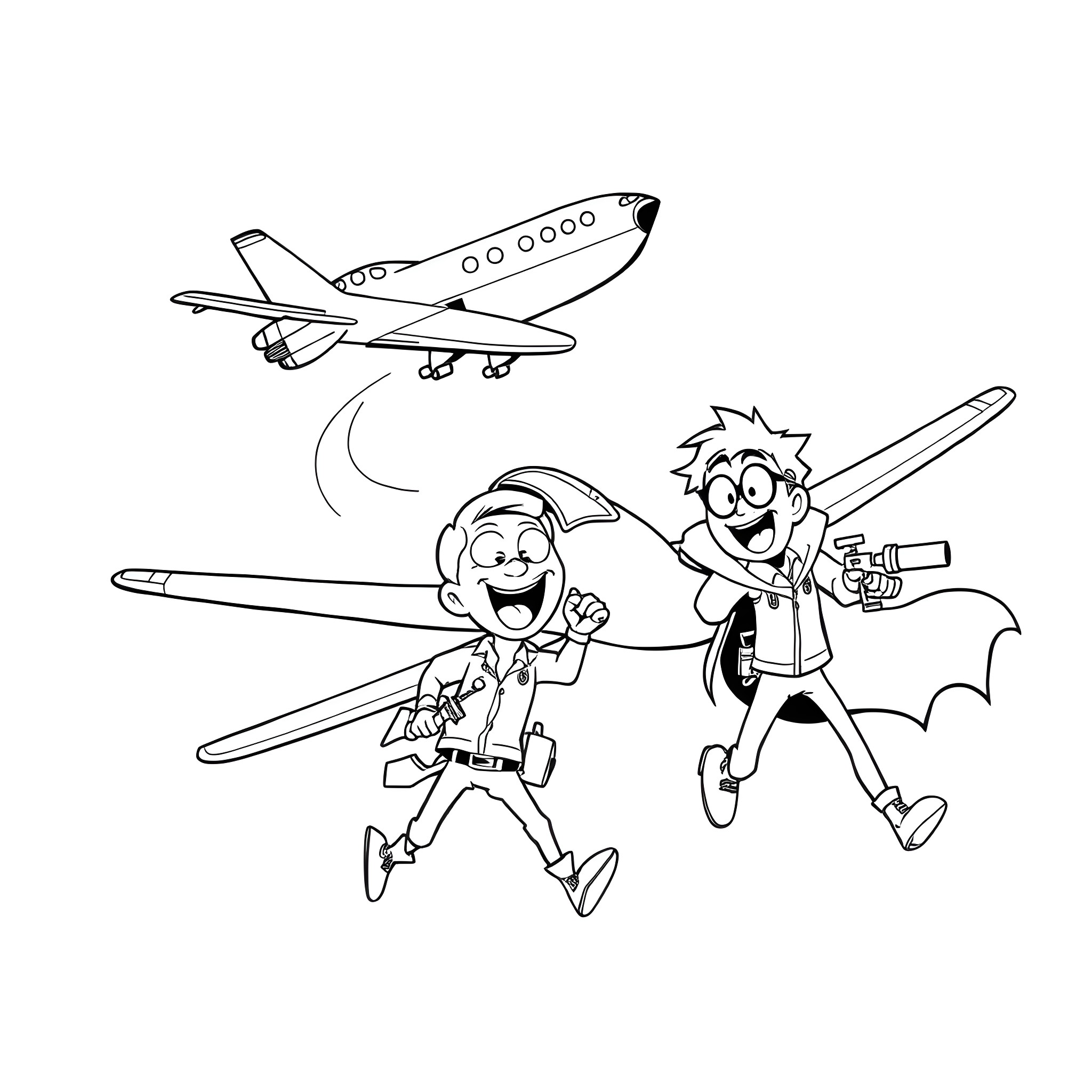 Skatoony characters playing with planes and tools Coloring Page (free black-and-white line drawing printable PDF for all, from beginners to advanced learners, including children, teens, adults, and seniors)