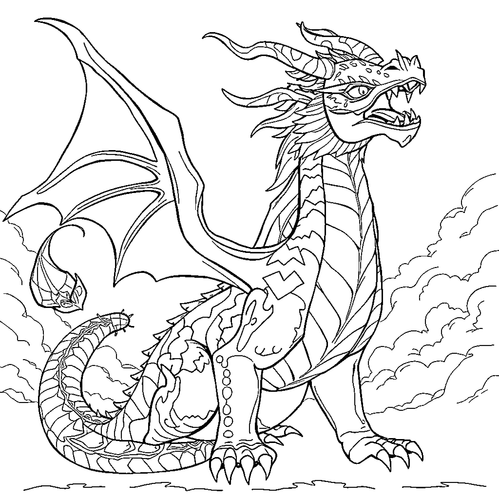 Dragon unleashing fierce power in the skies Coloring Page (free black-and-white line drawing printable PDF for all, from beginners to advanced learners, including children, teens, adults, and seniors)