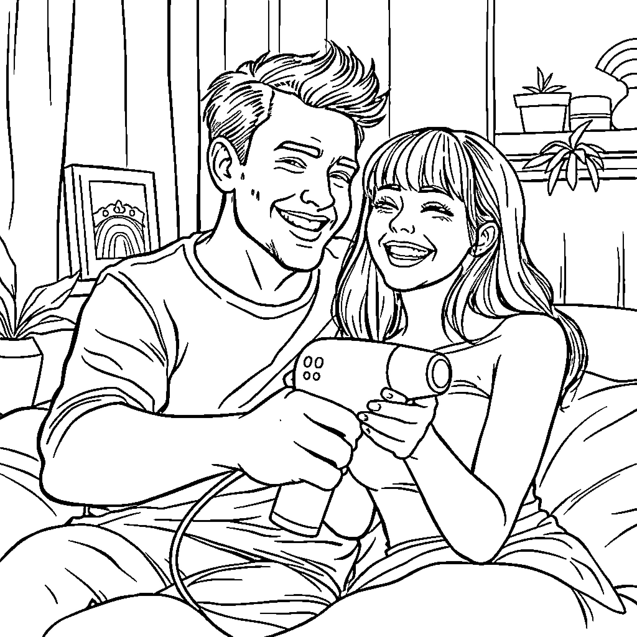 Man and woman share a happy moment together Coloring Page (free black-and-white line drawing printable PDF for all, from beginners to advanced learners, including children, teens, adults, and seniors)