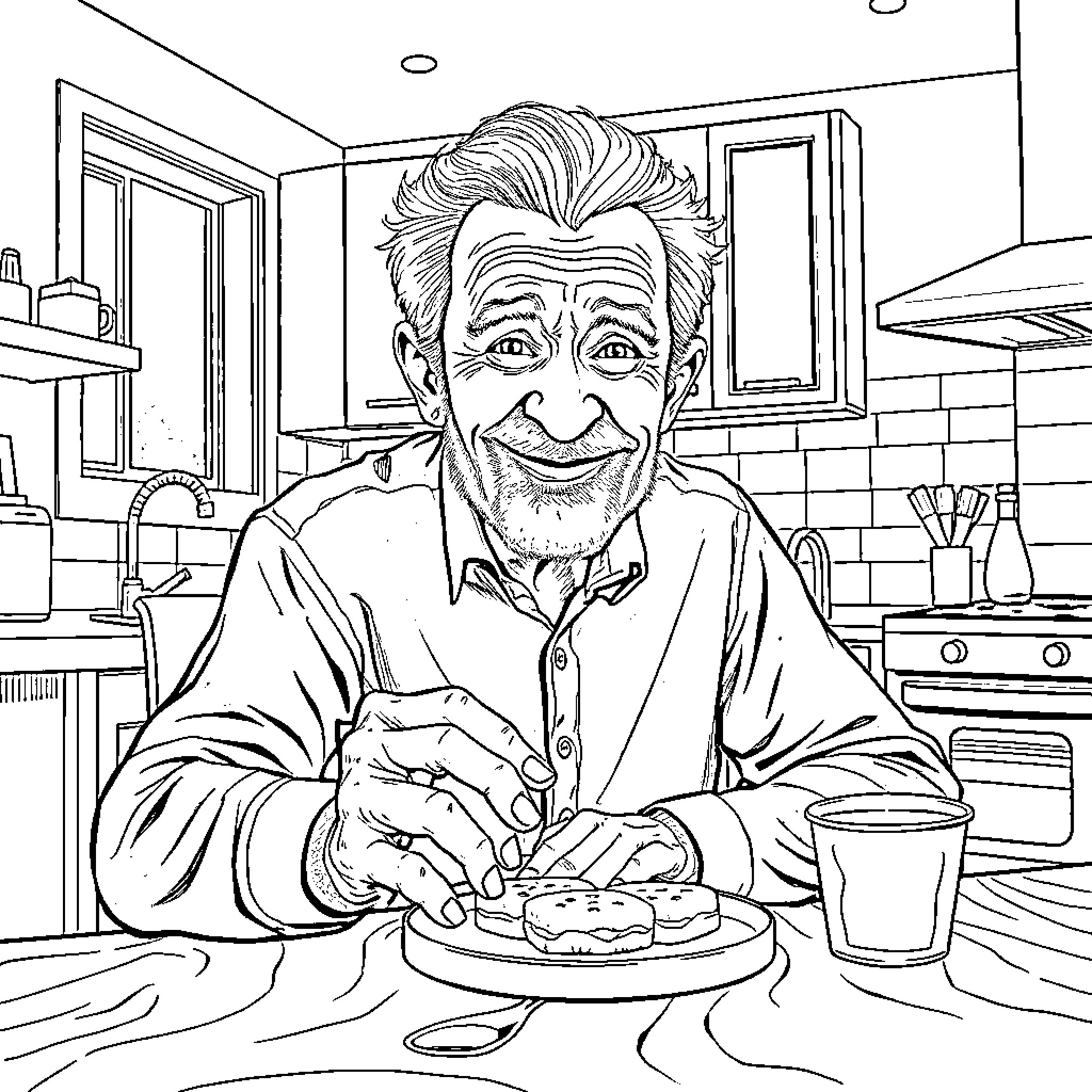 Electrician Enjoys Home-Cooked Meal in Kitchen Coloring Page (free black-and-white line drawing printable PDF for all, from beginners to advanced learners, including children, teens, adults, and seniors)