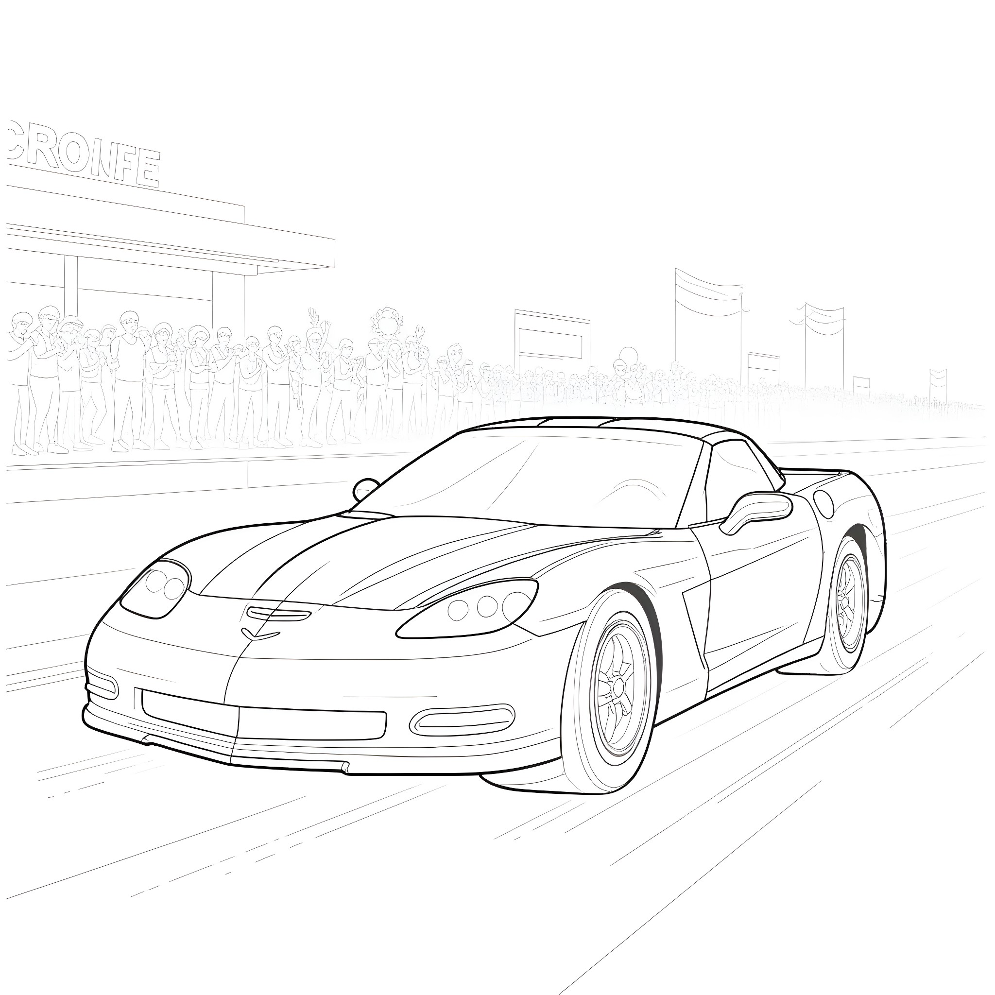 Corvette sports car on urban street Coloring Page (free black-and-white line drawing printable PDF for all, from beginners to advanced learners, including children, teens, adults, and seniors)