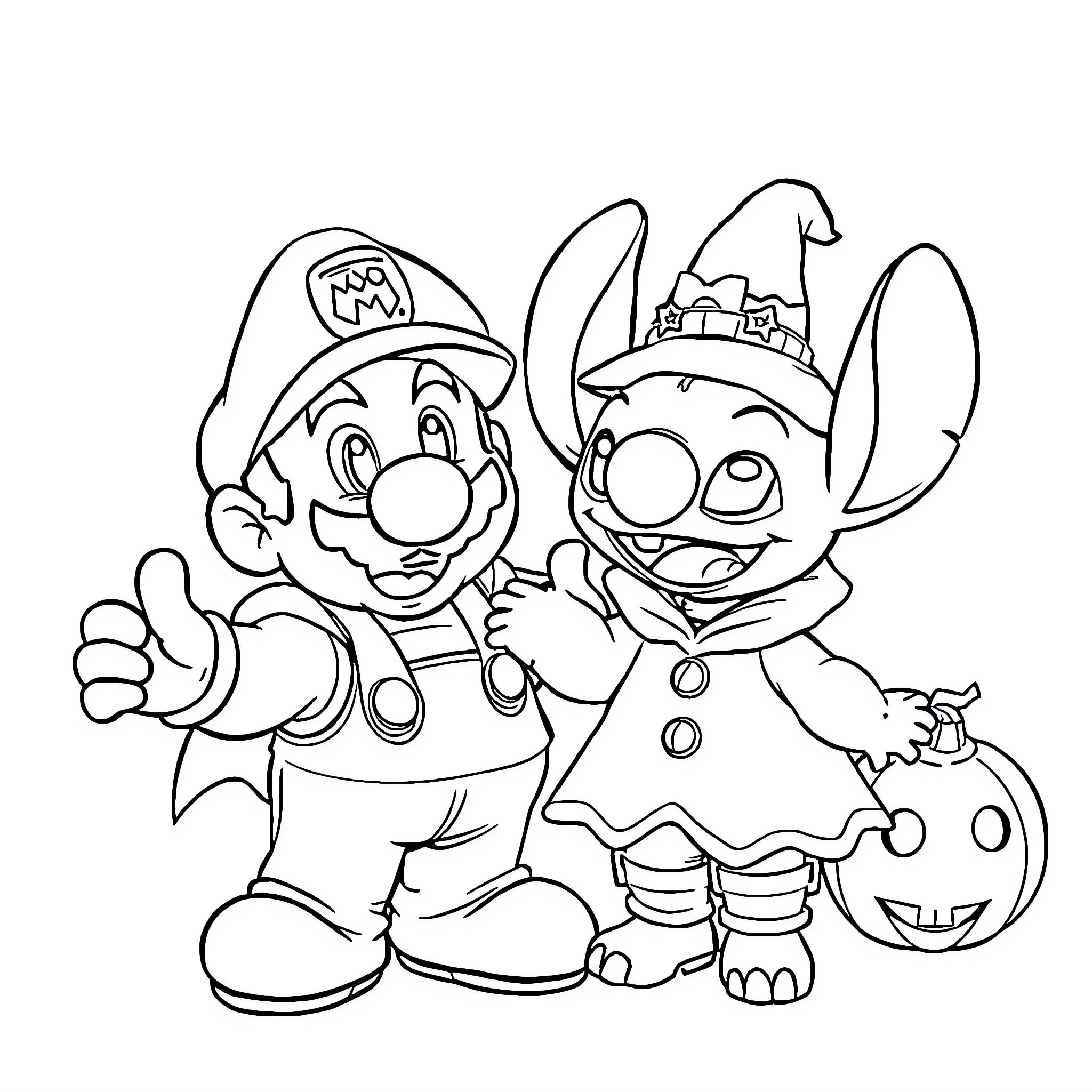 Mario and Stitch dressed for Halloween Coloring Page (free black-and-white line drawing printable PDF for all, from beginners to advanced learners, including children, teens, adults, and seniors)