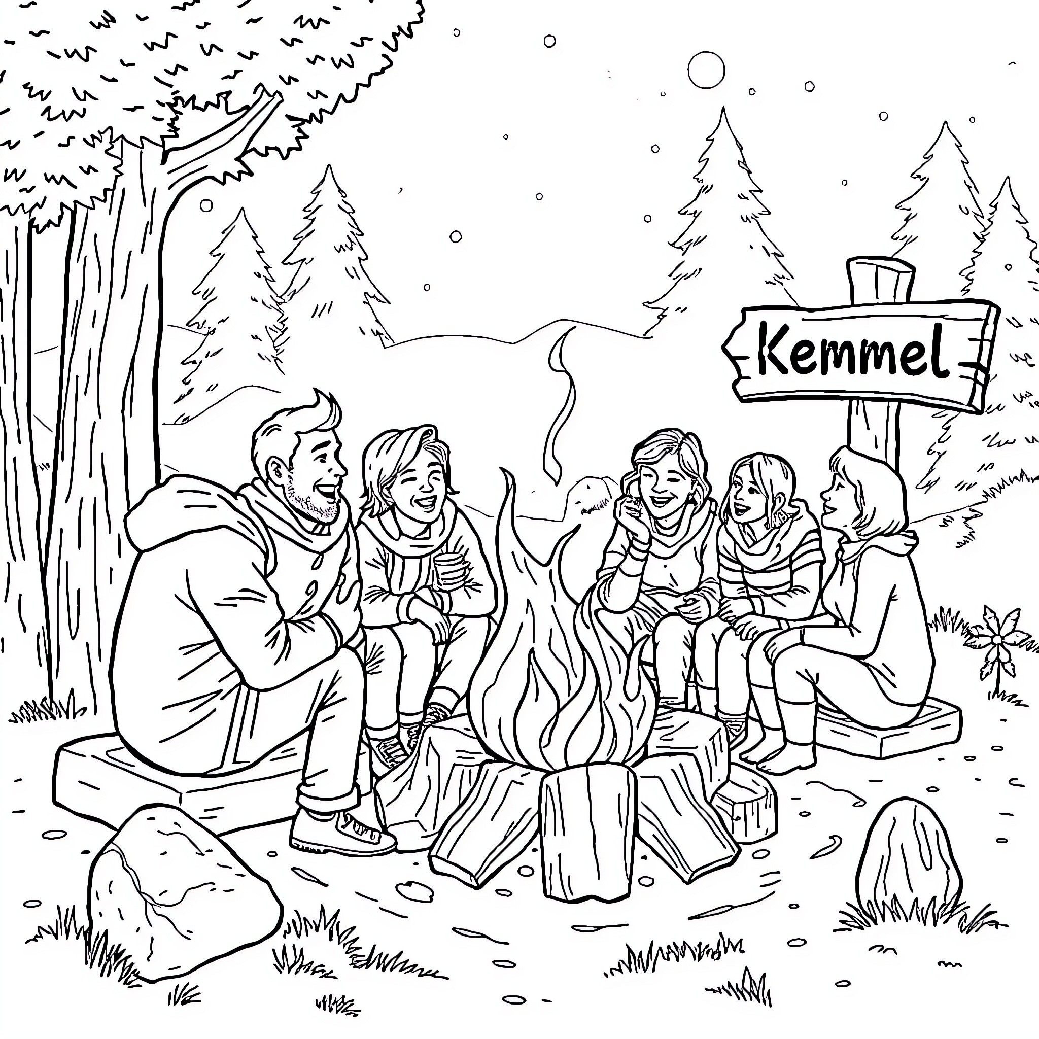 People camping and enjoying time by the fire in the woods Coloring Page (free black-and-white line drawing printable PDF for all, from beginners to advanced learners, including children, teens, adults, and seniors)