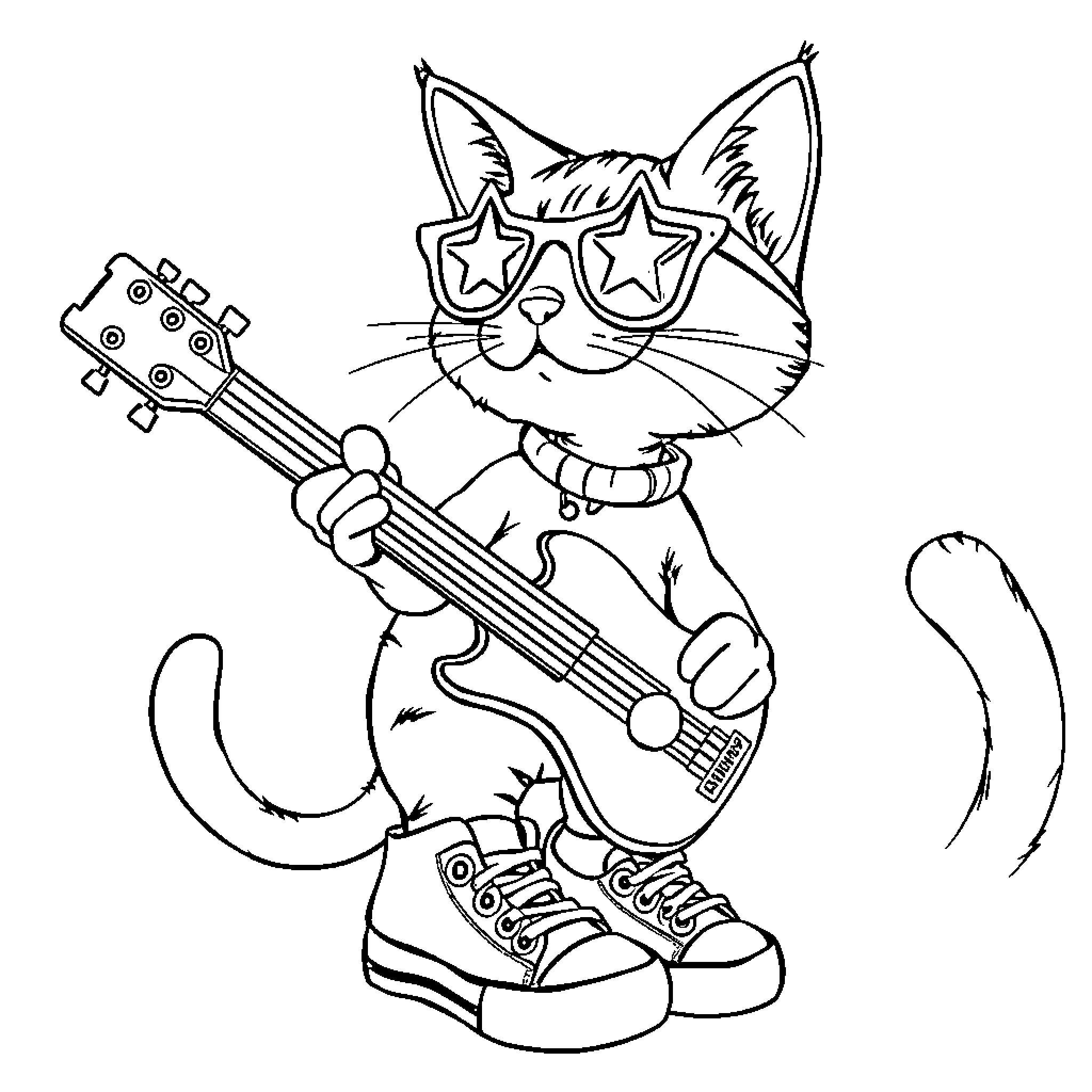 Pete the Cat Rocks Out with Guitar Coloring Page (free black-and-white line drawing printable PDF for all, from beginners to advanced learners, including children, teens, adults, and seniors)