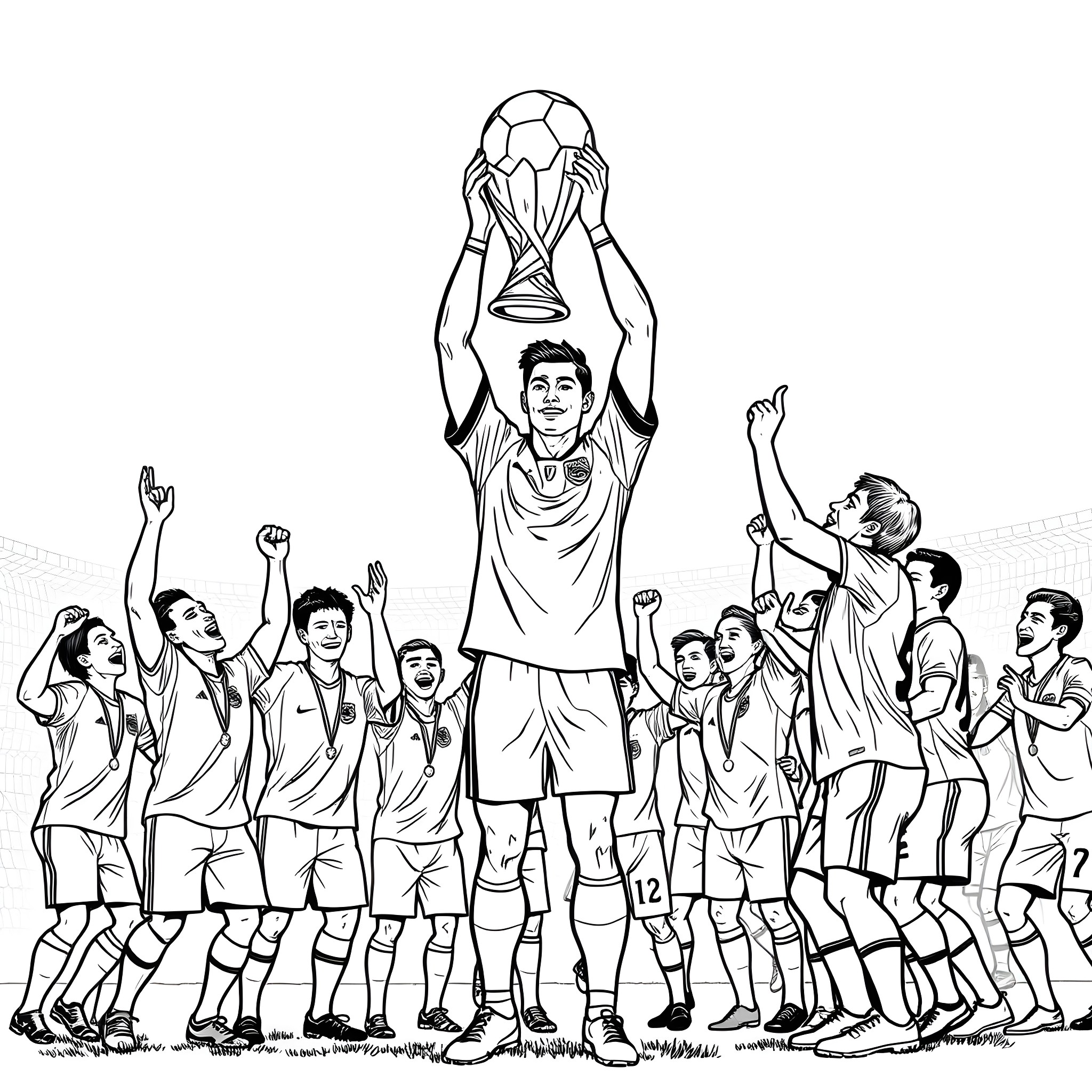 Cristiano Ronaldo lifting trophy with teammates Coloring Page (free black-and-white line drawing printable PDF for all, from beginners to advanced learners, including children, teens, adults, and seniors)
