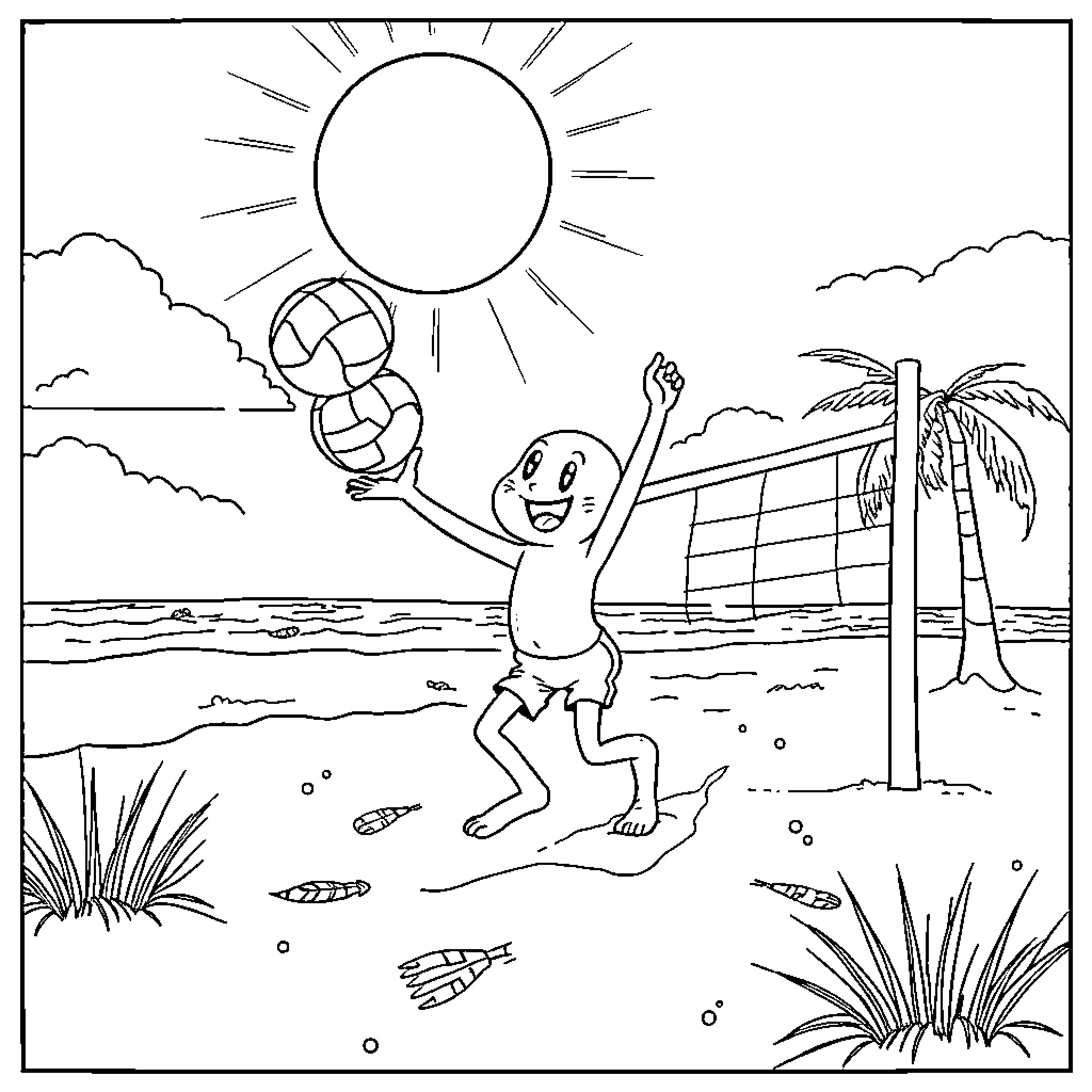 Bluey playing volleyball on the beach Coloring Page (free black-and-white line drawing printable PDF for all, from beginners to advanced learners, including children, teens, adults, and seniors)