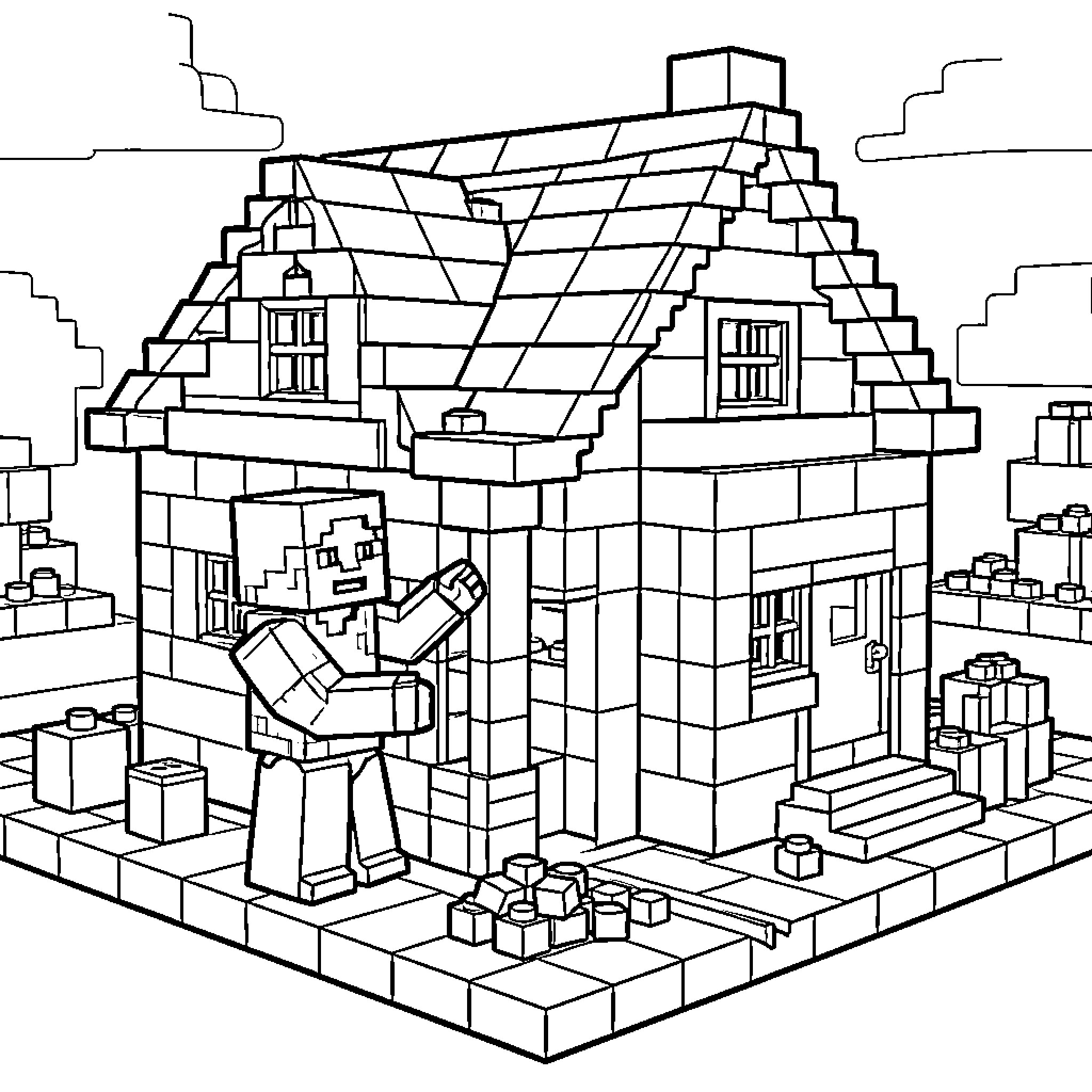 Minecraft Character building a house with blocks Coloring Page (free black-and-white line drawing printable PDF for all, from beginners to advanced learners, including children, teens, adults, and seniors)