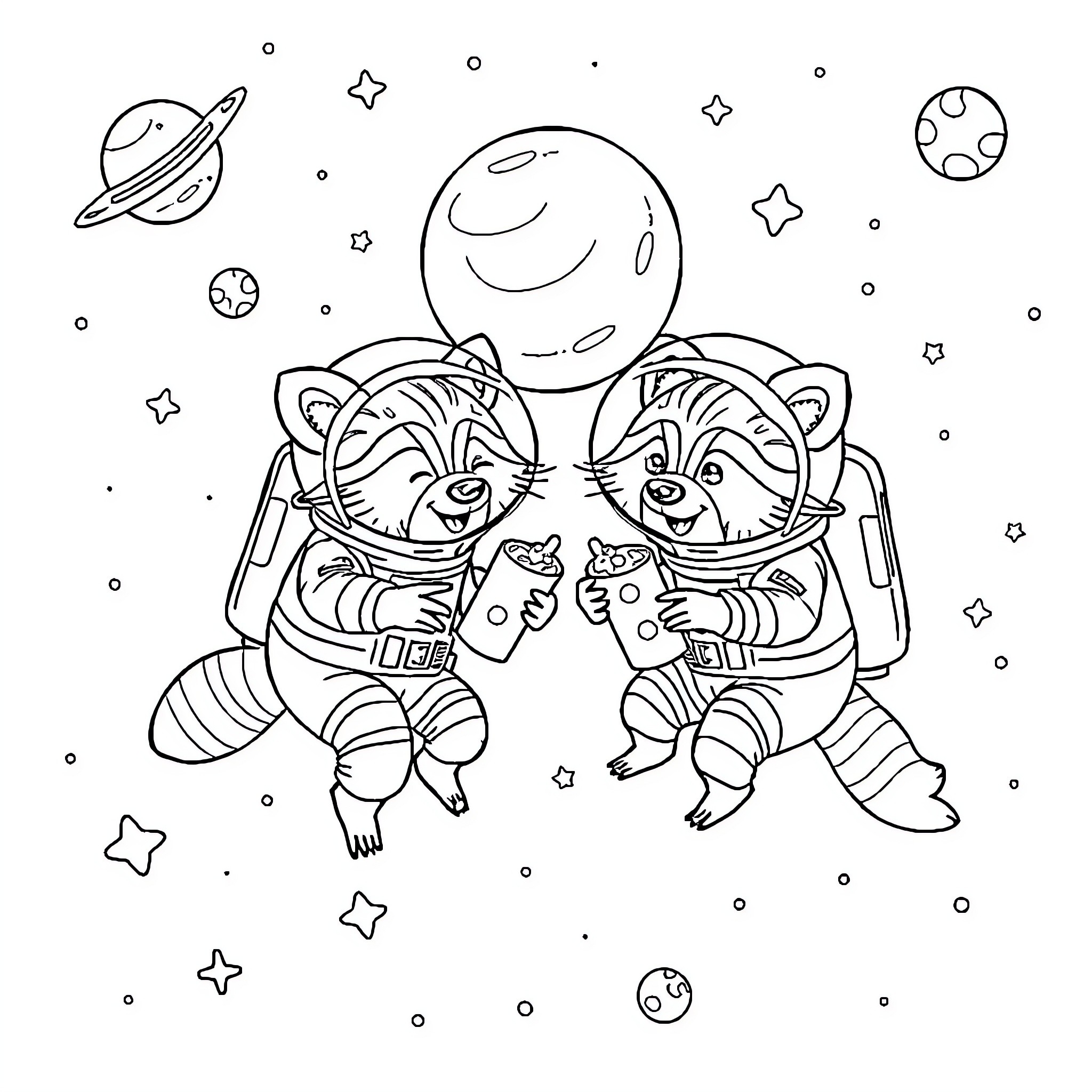Raccoon astronauts exploring the galaxy Coloring Page (free black-and-white line drawing printable PDF for all, from beginners to advanced learners, including children, teens, adults, and seniors)