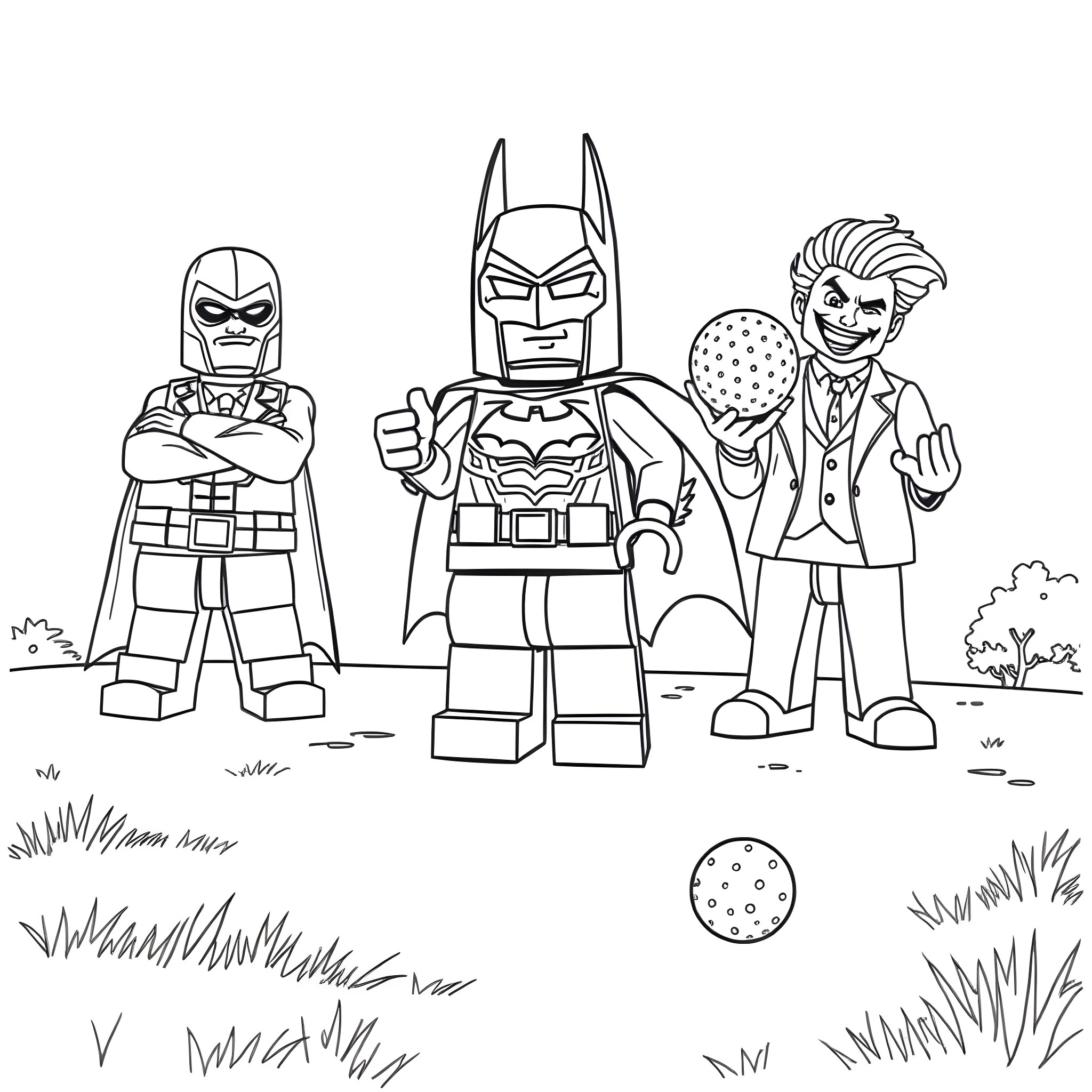 Lego Batman and villains in action poses Coloring Page (free black-and-white line drawing printable PDF for all, from beginners to advanced learners, including children, teens, adults, and seniors)