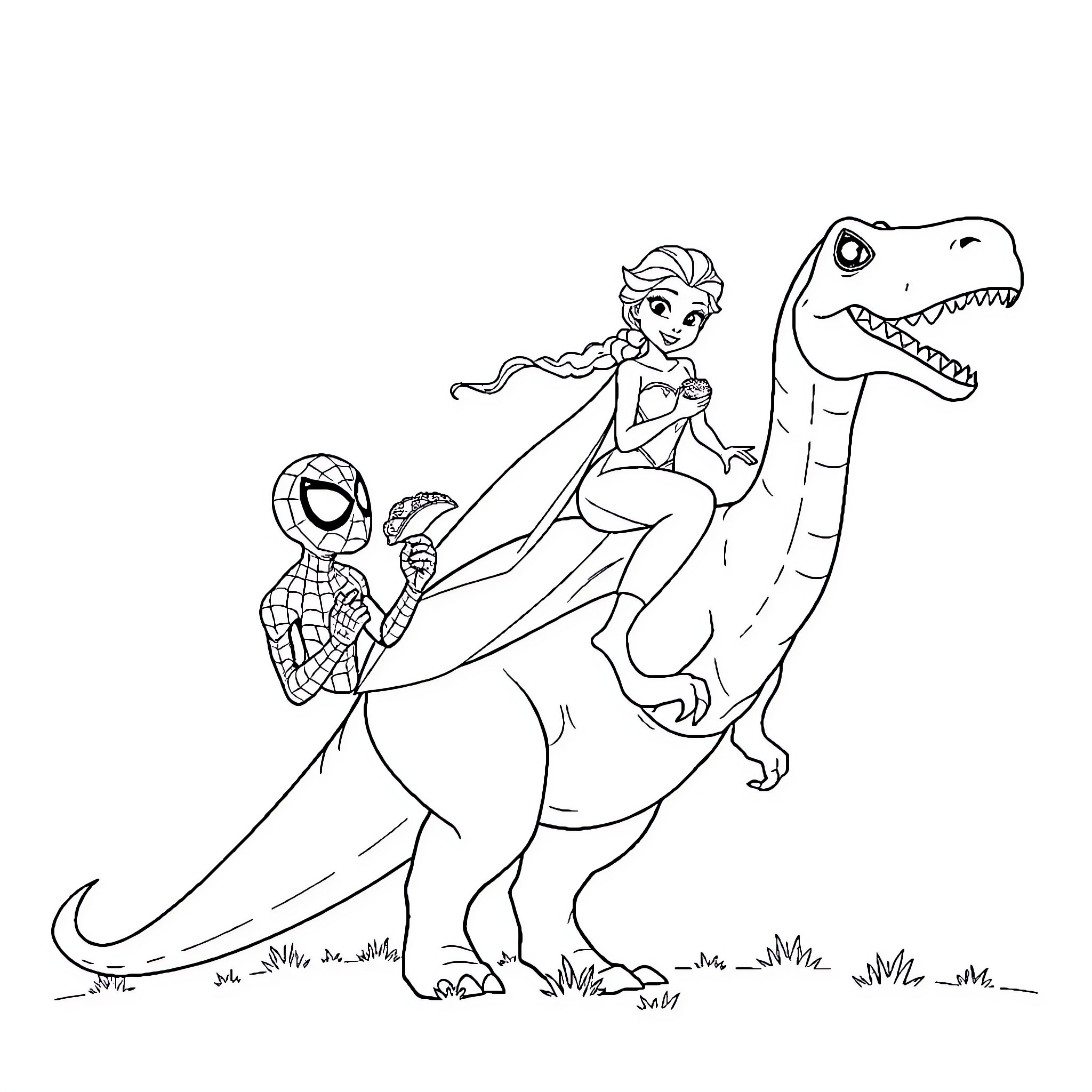 Spider-Man and Elsa on a Dinosaur Adventure Coloring Page (free black-and-white line drawing printable PDF for all, from beginners to advanced learners, including children, teens, adults, and seniors)