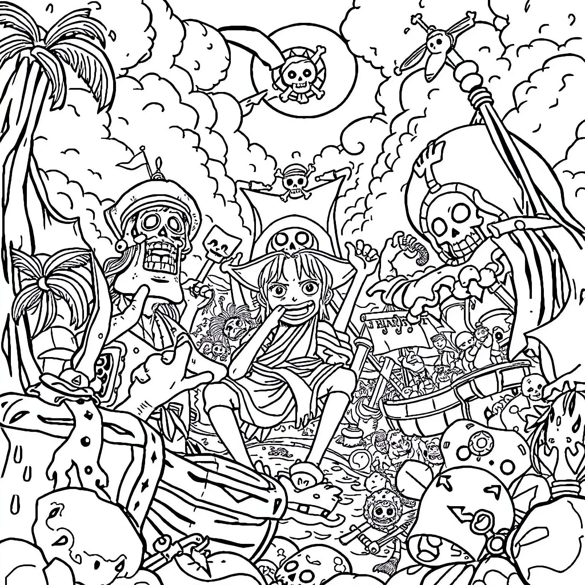 One Piece: Pirate Adventure with Eccentric Characters Coloring Page (free black-and-white line drawing printable PDF for all, from beginners to advanced learners, including children, teens, adults, and seniors)