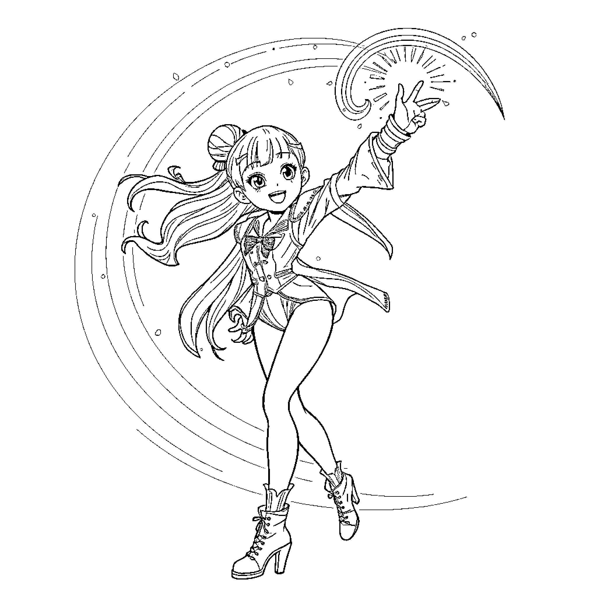 Rumy's Magical Performance in the Starry Night Coloring Page (free black-and-white line drawing printable PDF for all, from beginners to advanced learners, including children, teens, adults, and seniors)