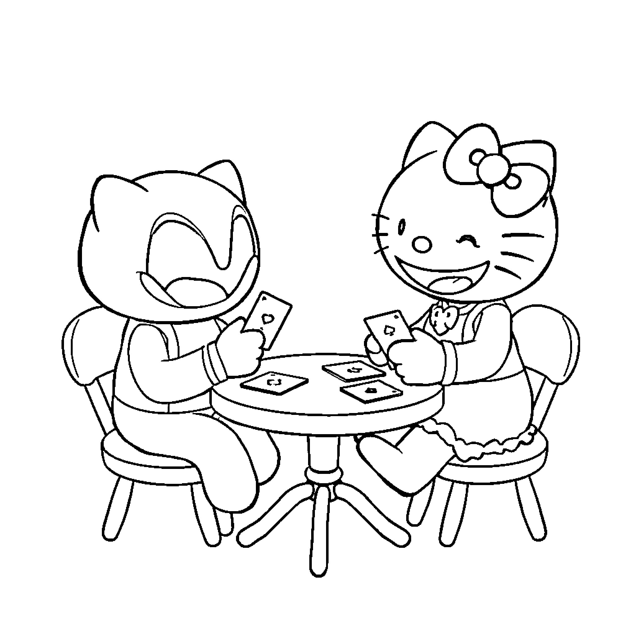 Hello Kitty playing cards with friends Coloring Page (free black-and-white line drawing printable PDF for all, from beginners to advanced learners, including children, teens, adults, and seniors)