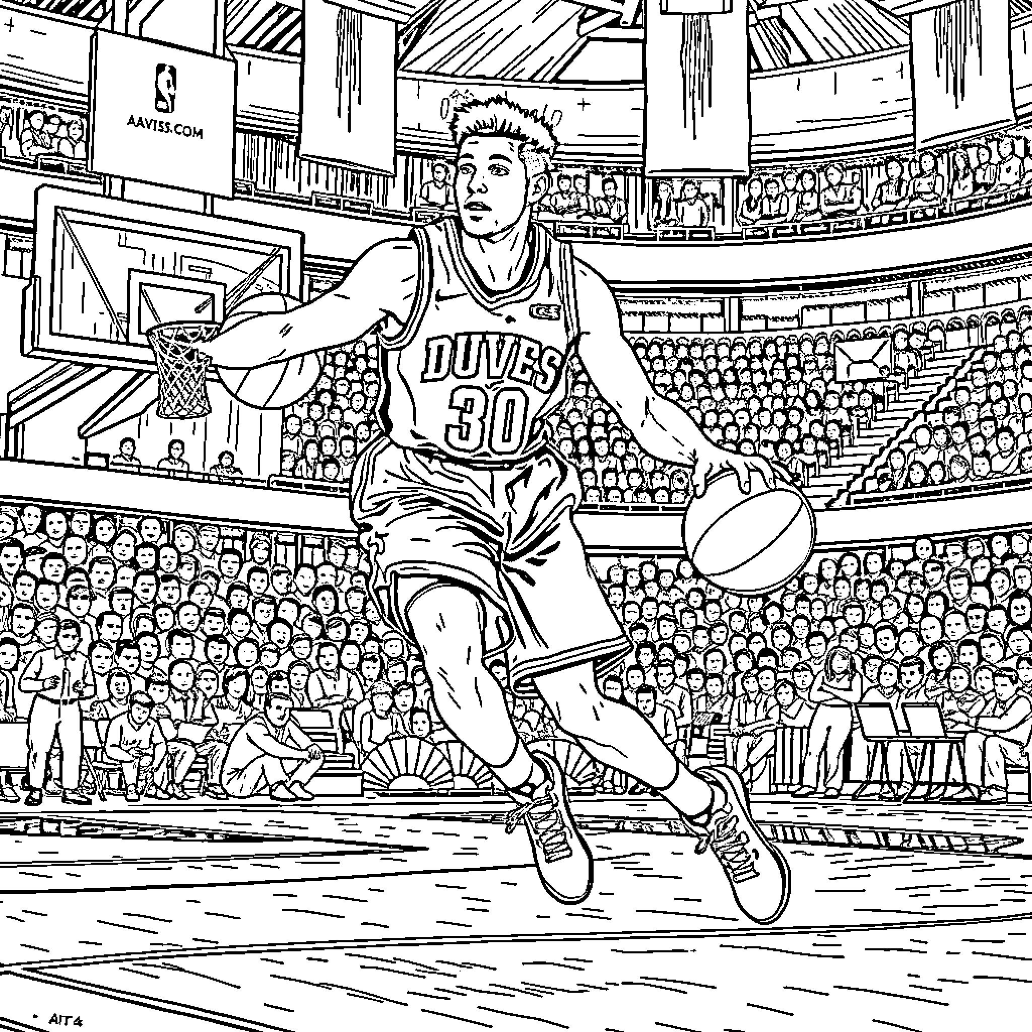 Devin Booker playing basketball in an arena Coloring Page (free black-and-white line drawing printable PDF for all, from beginners to advanced learners, including children, teens, adults, and seniors)