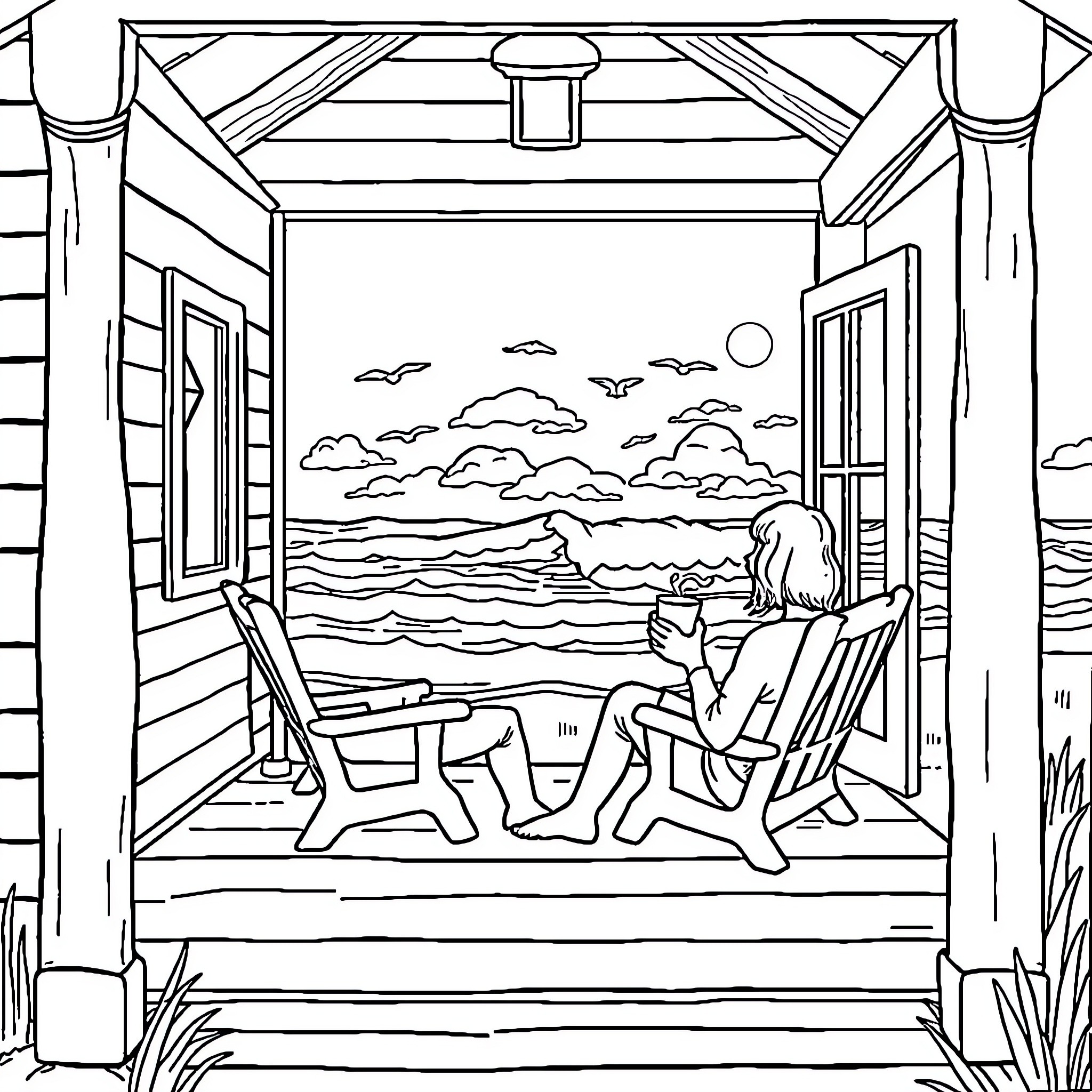 Coffee break on the porch overlooking the ocean Coloring Page (free black-and-white line drawing printable PDF for all, from beginners to advanced learners, including children, teens, adults, and seniors)