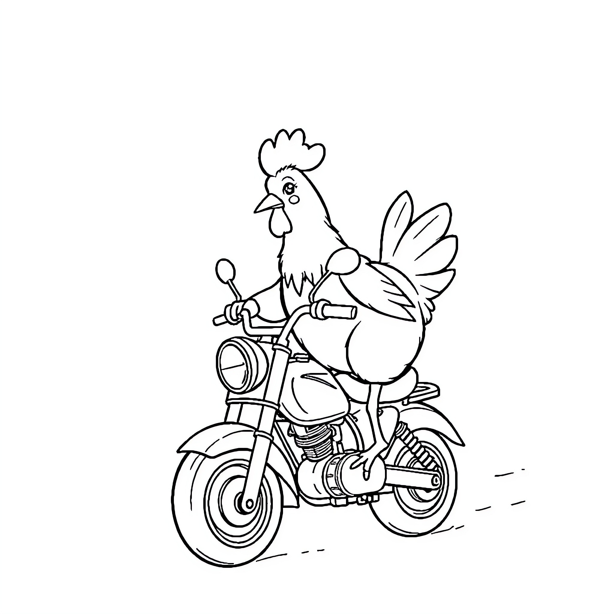 Chicken riding a motorcycle Coloring Page (free black-and-white line drawing printable PDF for all, from beginners to advanced learners, including children, teens, adults, and seniors)