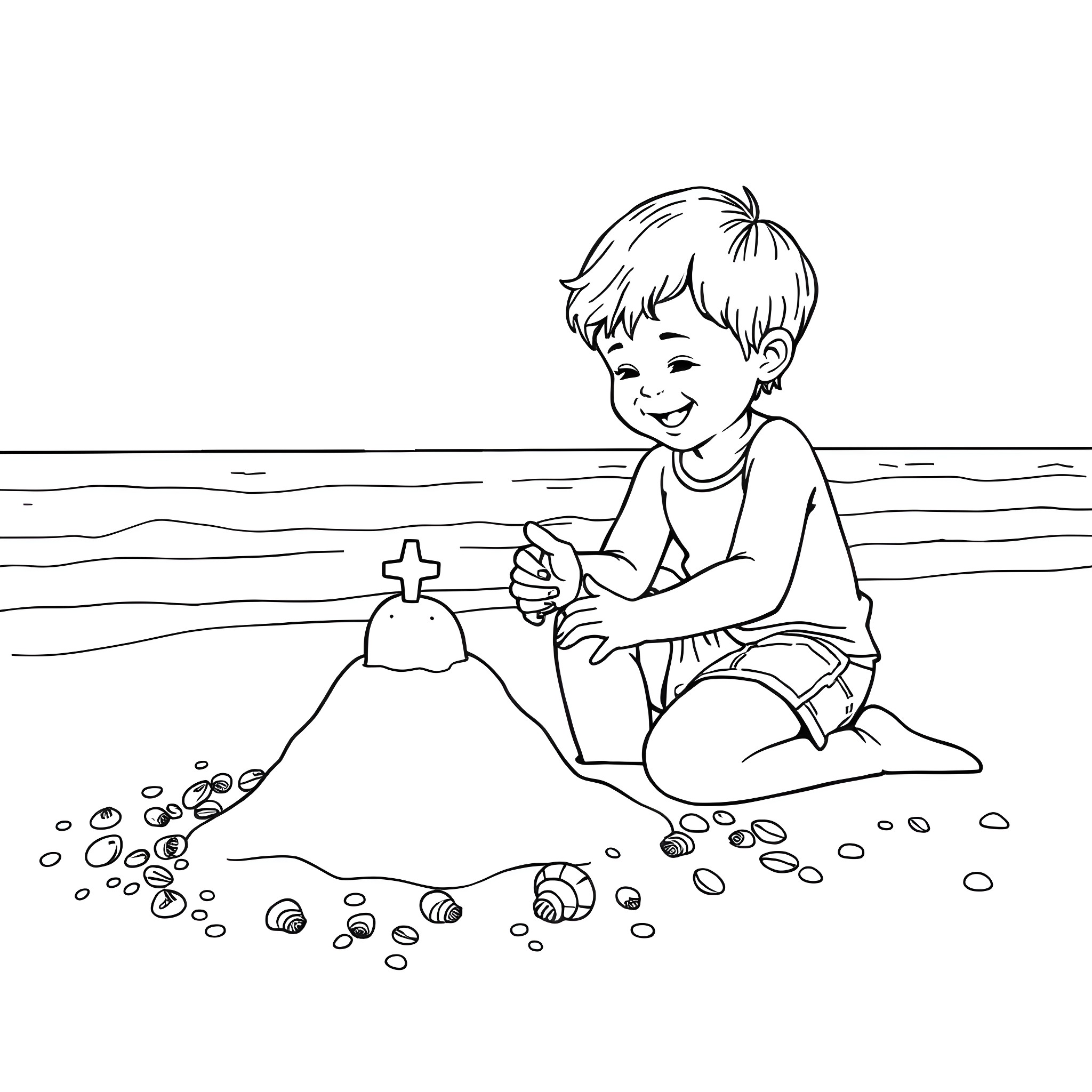 Kid playing happily with sand castle on the beach Coloring Page (free black-and-white line drawing printable PDF for all, from beginners to advanced learners, including children, teens, adults, and seniors)