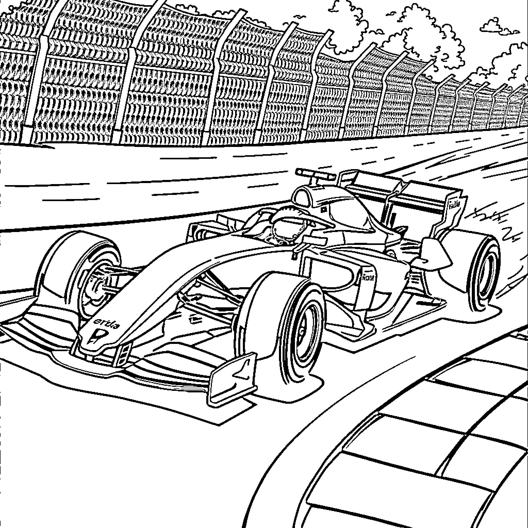 F1 Car racing on the track Coloring Page (free black-and-white line drawing printable PDF for all, from beginners to advanced learners, including children, teens, adults, and seniors)