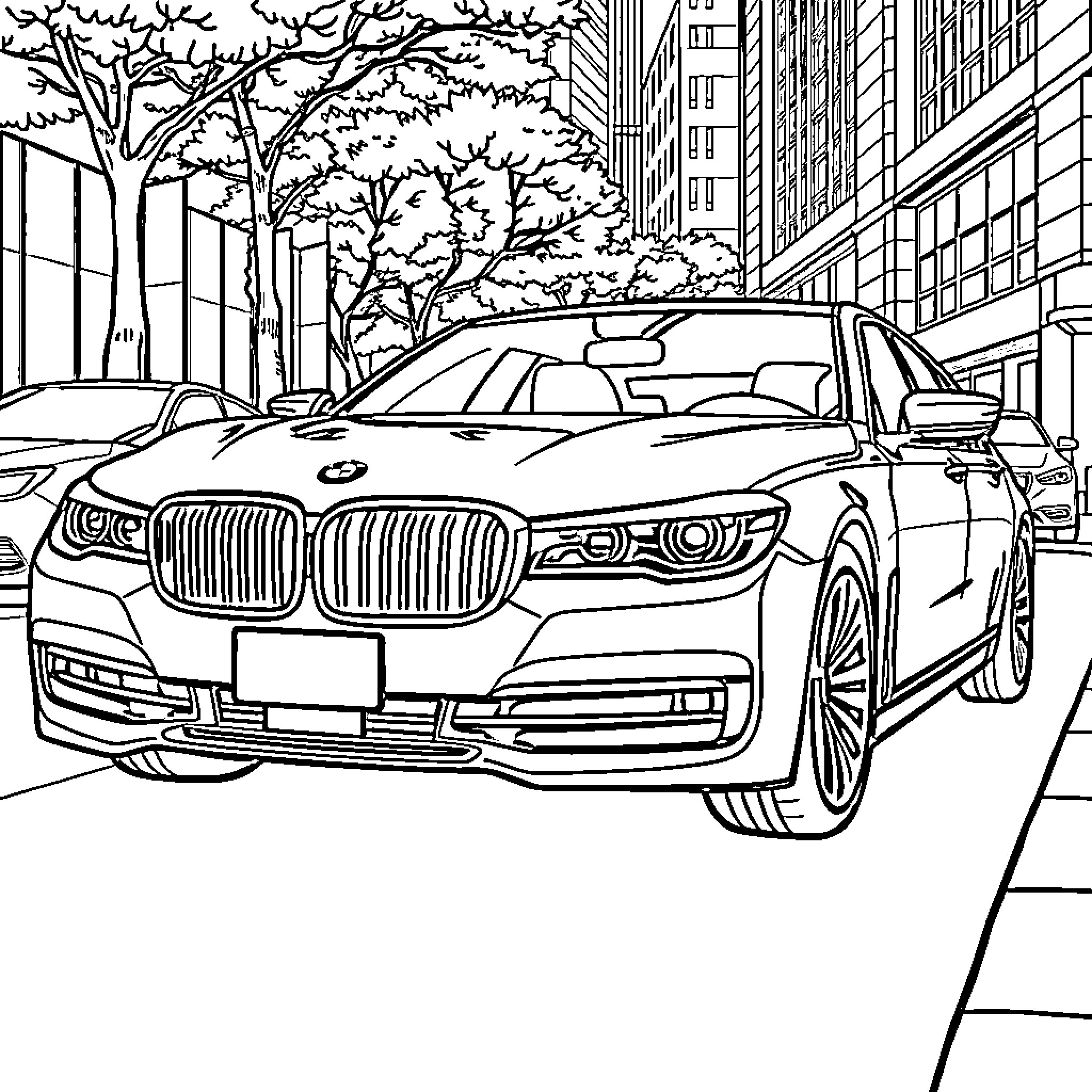 BMW luxury sedan parked on city street Coloring Page (free black-and-white line drawing printable PDF for all, from beginners to advanced learners, including children, teens, adults, and seniors)