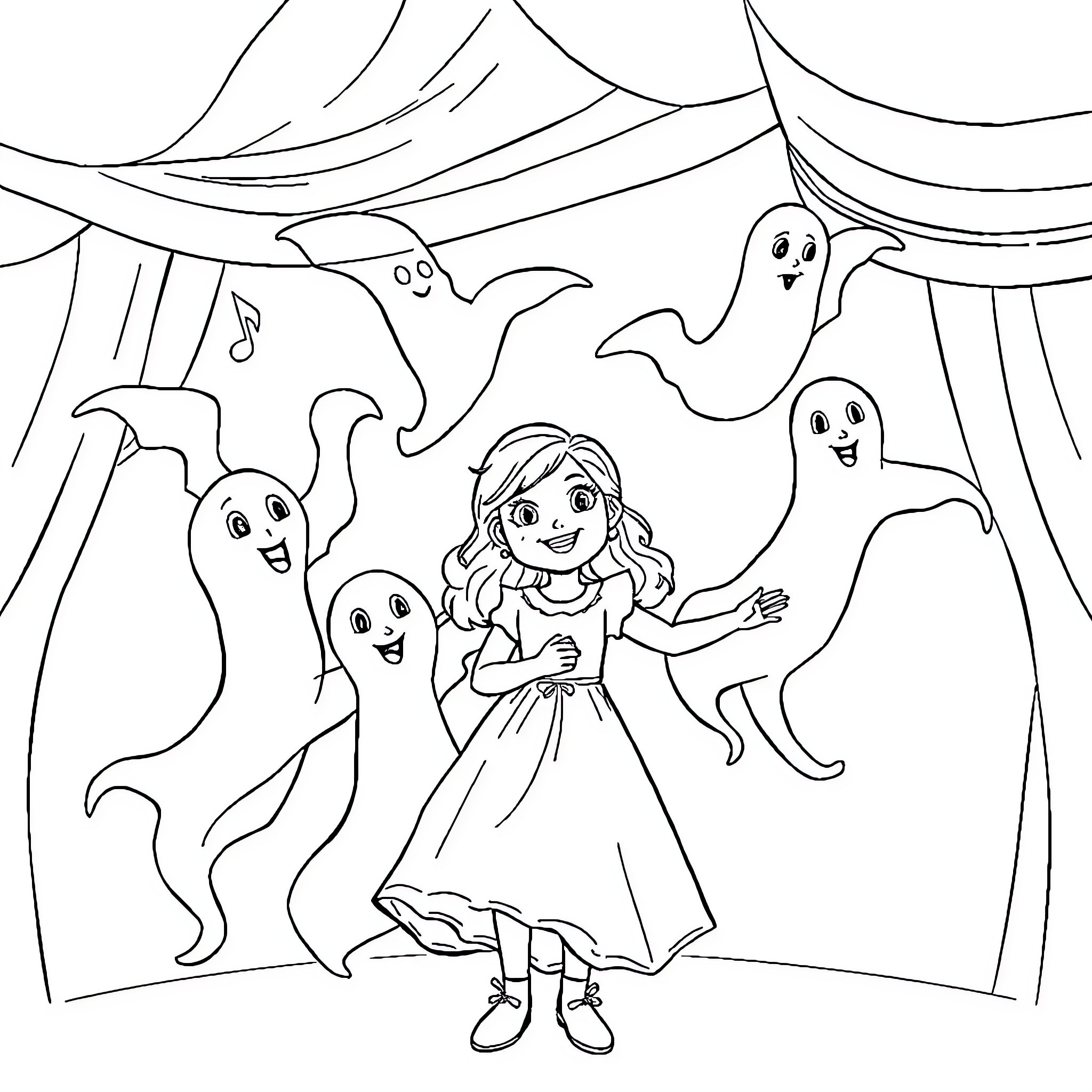 Julie's Spooky Party with Friendly Ghosts Coloring Page (free black-and-white line drawing printable PDF for all, from beginners to advanced learners, including children, teens, adults, and seniors)