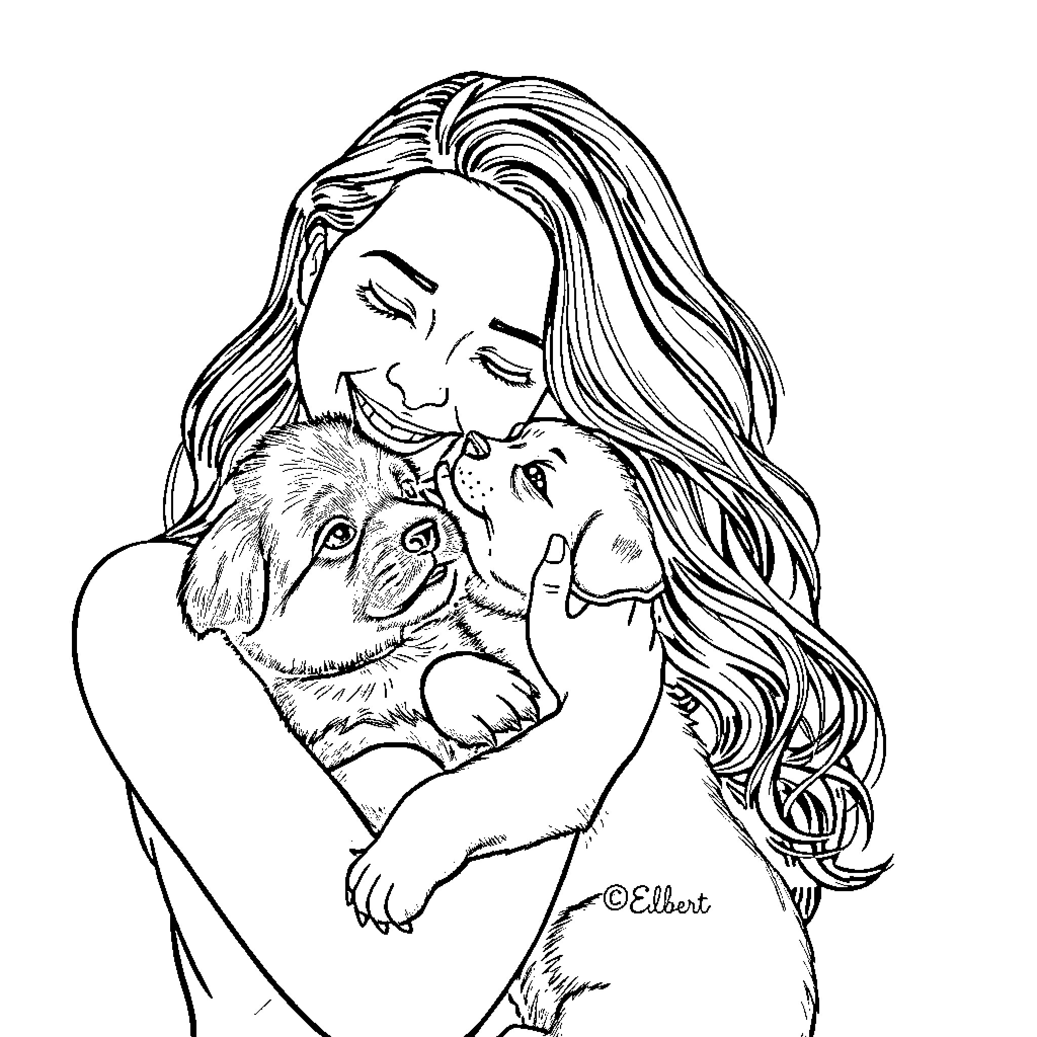 Elena Gilbert embracing her loyal companion Coloring Page (free black-and-white line drawing printable PDF for all, from beginners to advanced learners, including children, teens, adults, and seniors)