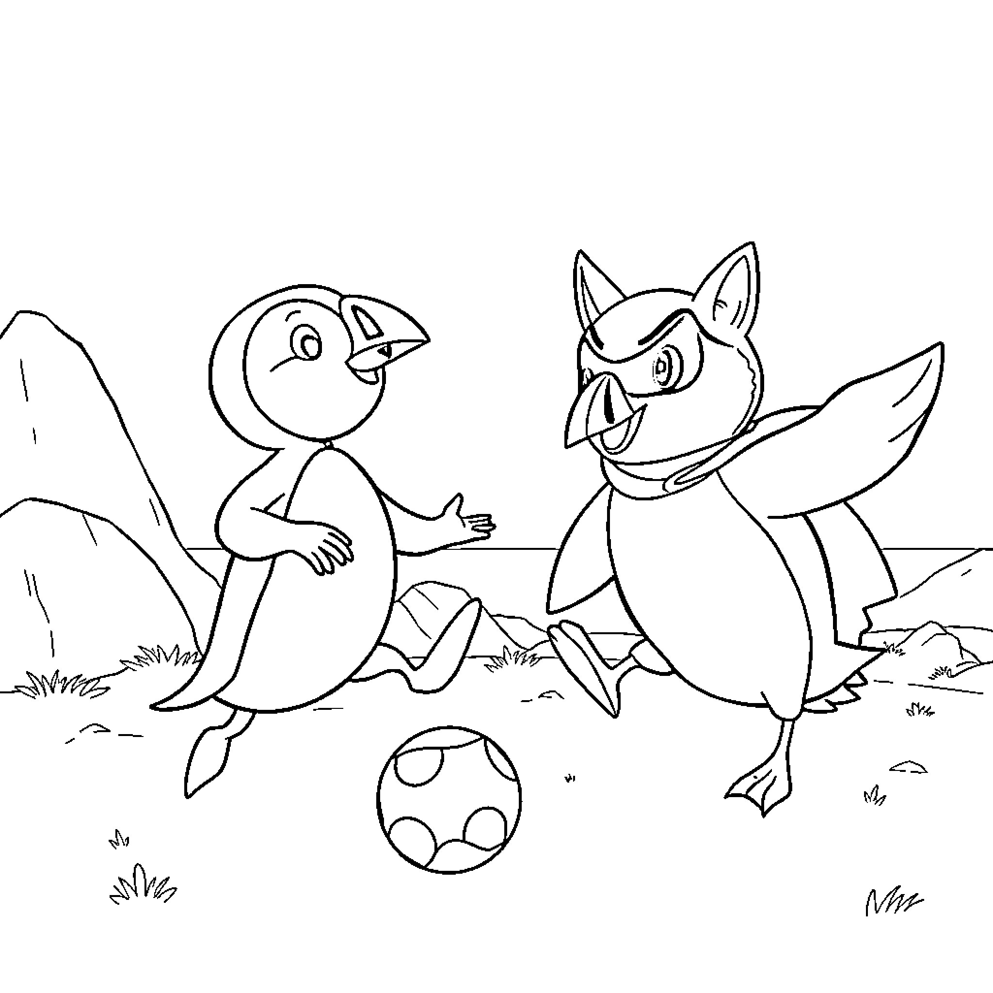 Puffins playing with soccer ball in the wilderness Coloring Page (free black-and-white line drawing printable PDF for all, from beginners to advanced learners, including children, teens, adults, and seniors)