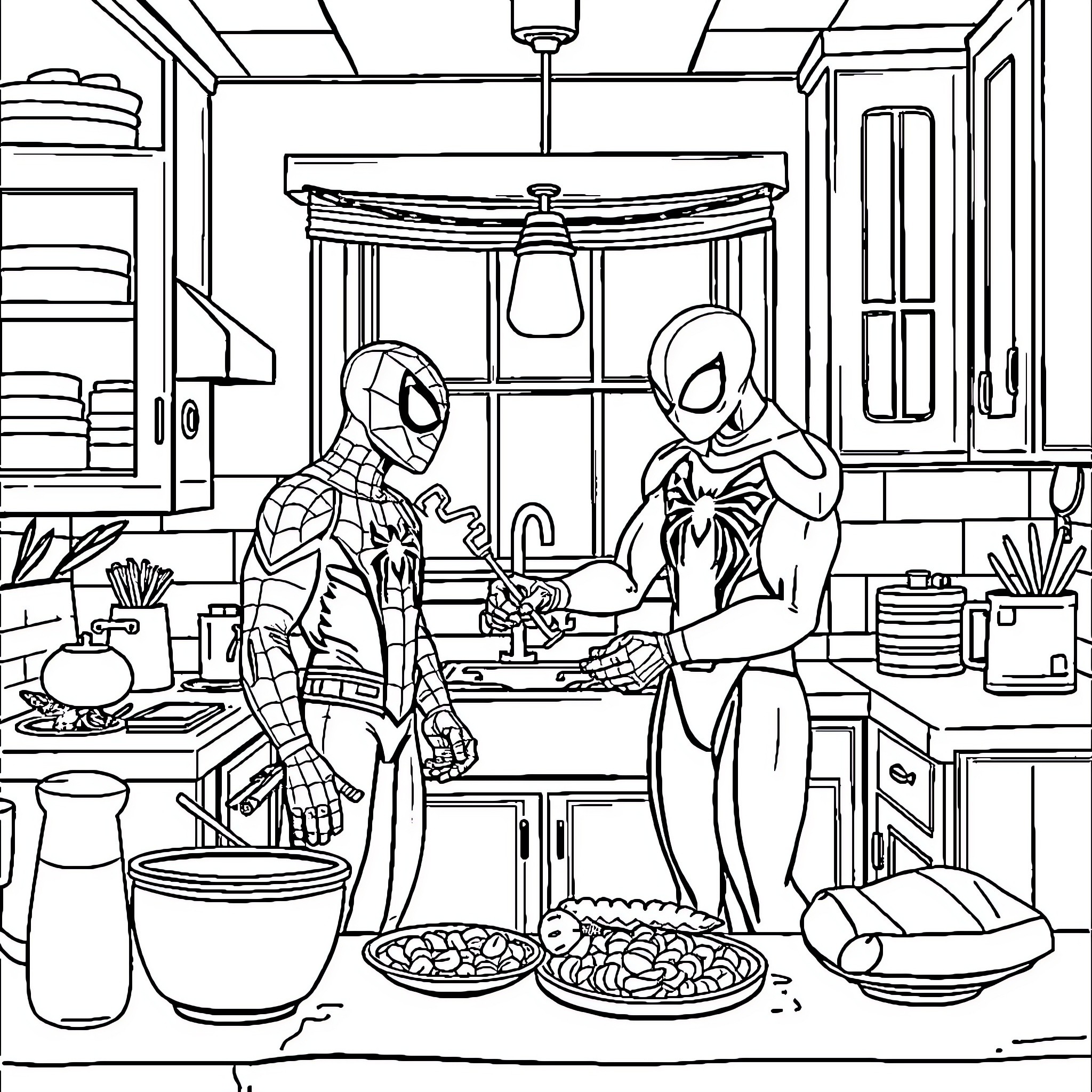 Spiderman and Venom cooking together in the kitchen Coloring Page (free black-and-white line drawing printable PDF for all, from beginners to advanced learners, including children, teens, adults, and seniors)