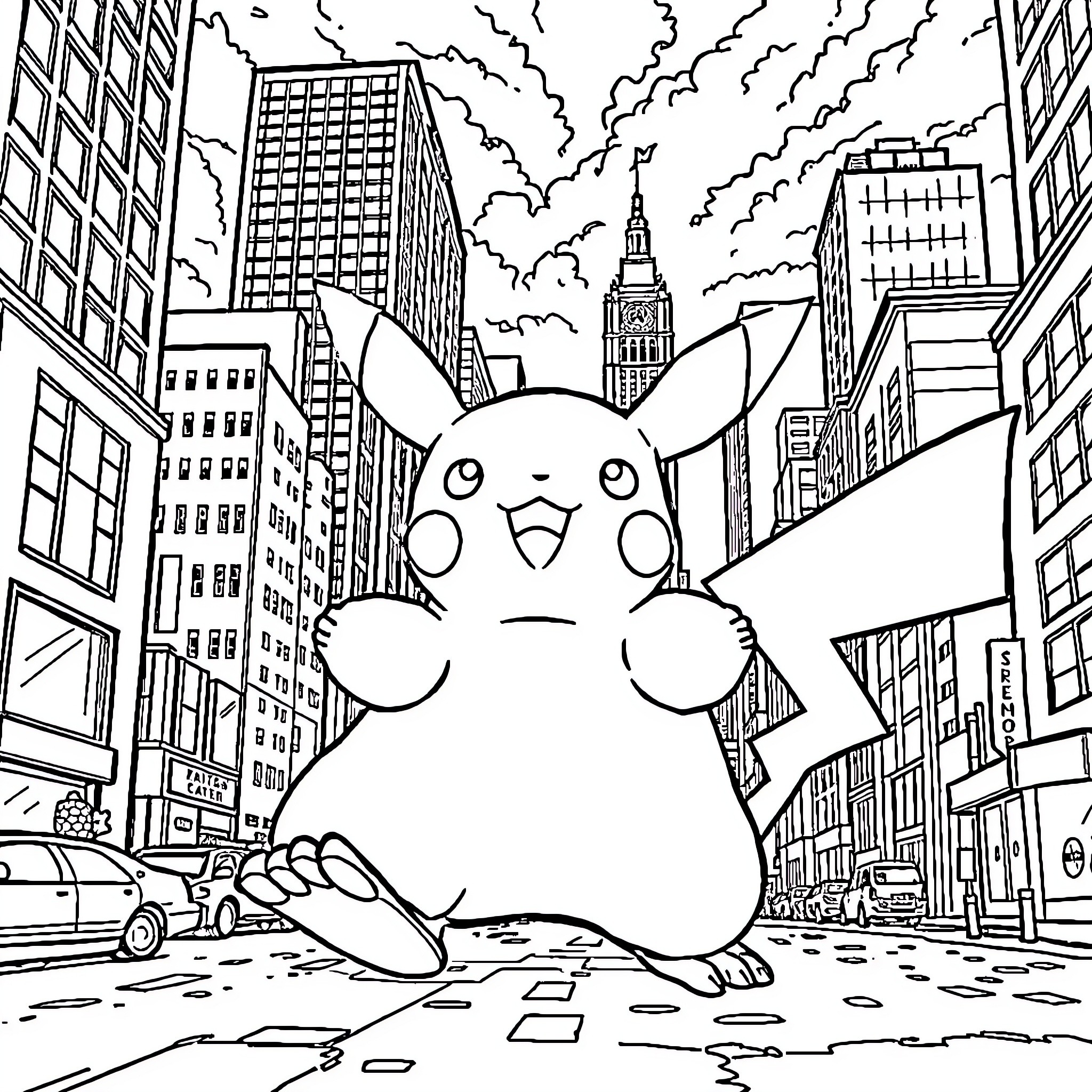 Pikachu exploring the bustling city streets Coloring Page (free black-and-white line drawing printable PDF for all, from beginners to advanced learners, including children, teens, adults, and seniors)