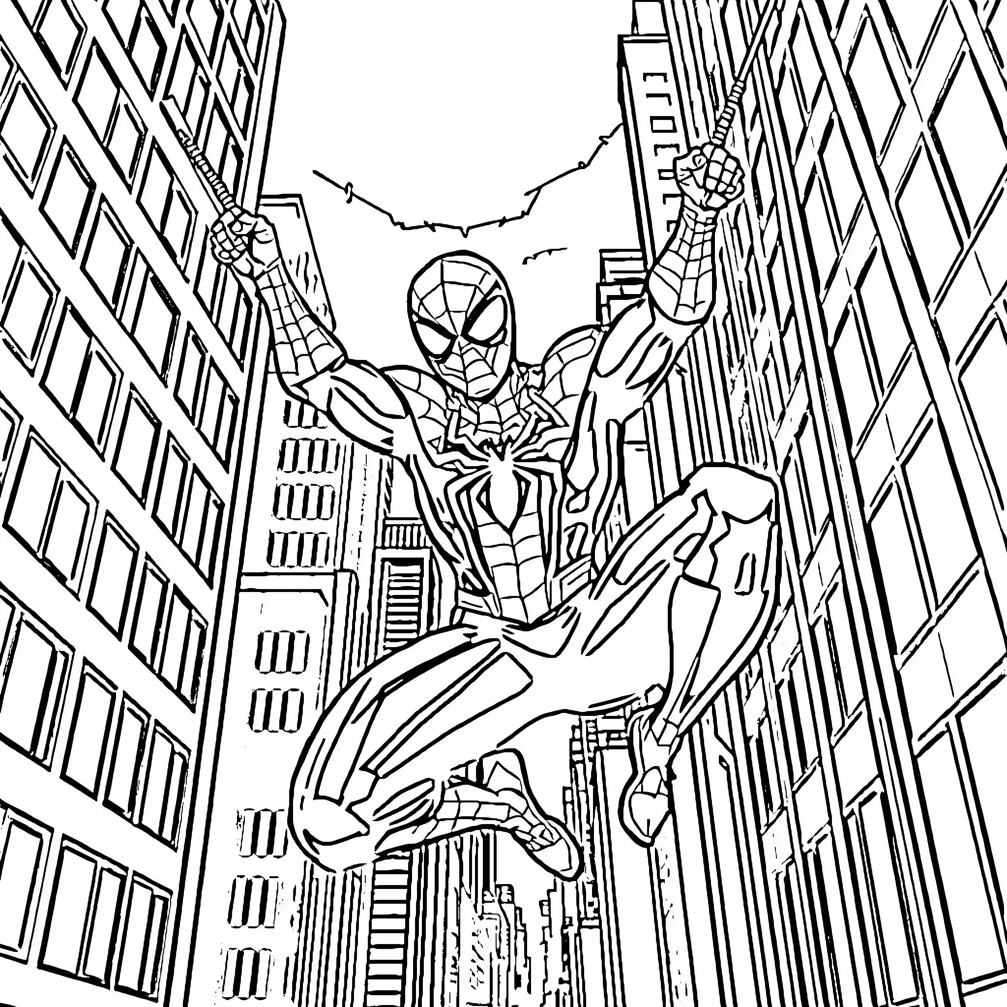 Spiderman swinging through the city skyline Coloring Page (free black-and-white line drawing printable PDF for all, from beginners to advanced learners, including children, teens, adults, and seniors)