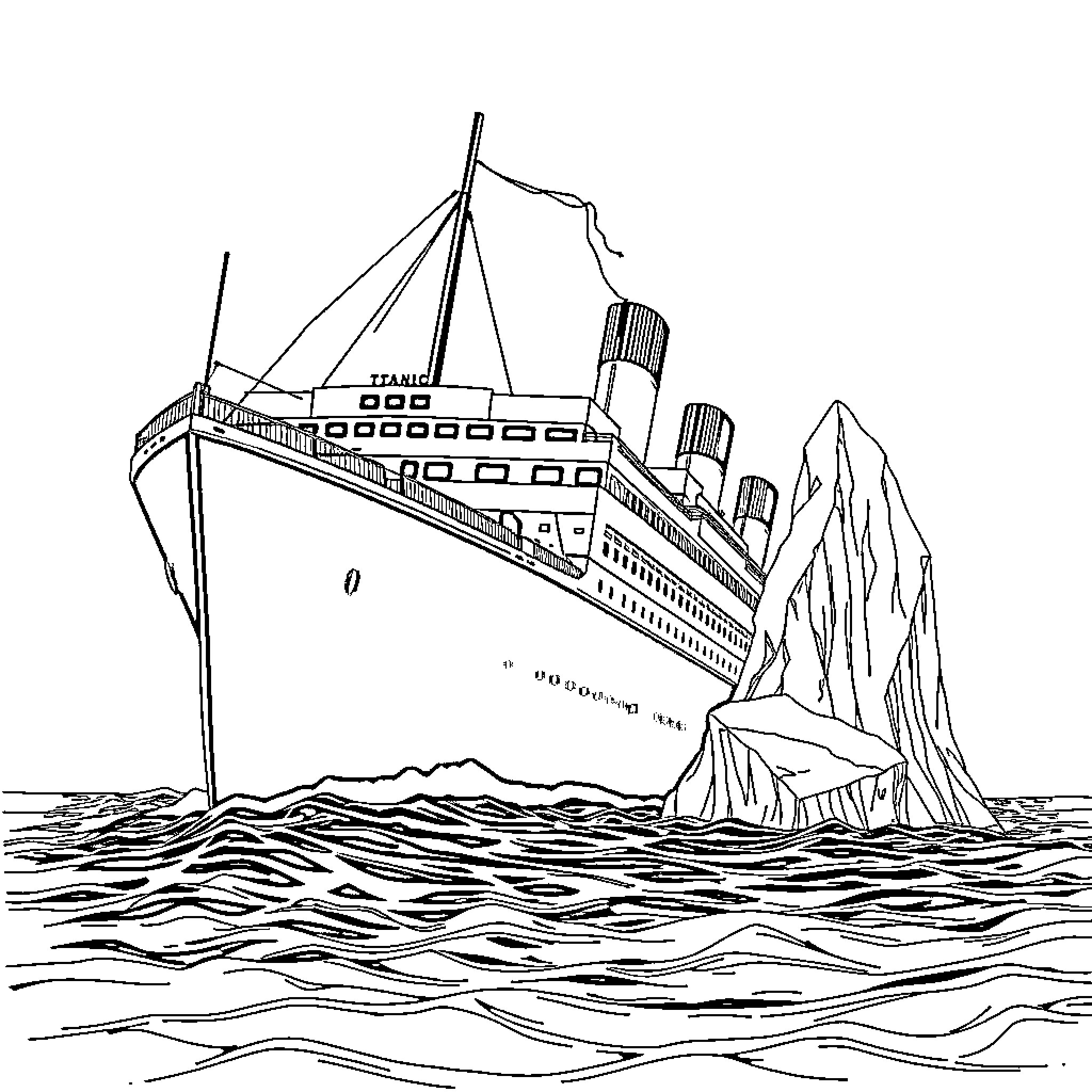 Titanic ocean liner sinking in rough seas Coloring Page (free black-and-white line drawing printable PDF for all, from beginners to advanced learners, including children, teens, adults, and seniors)