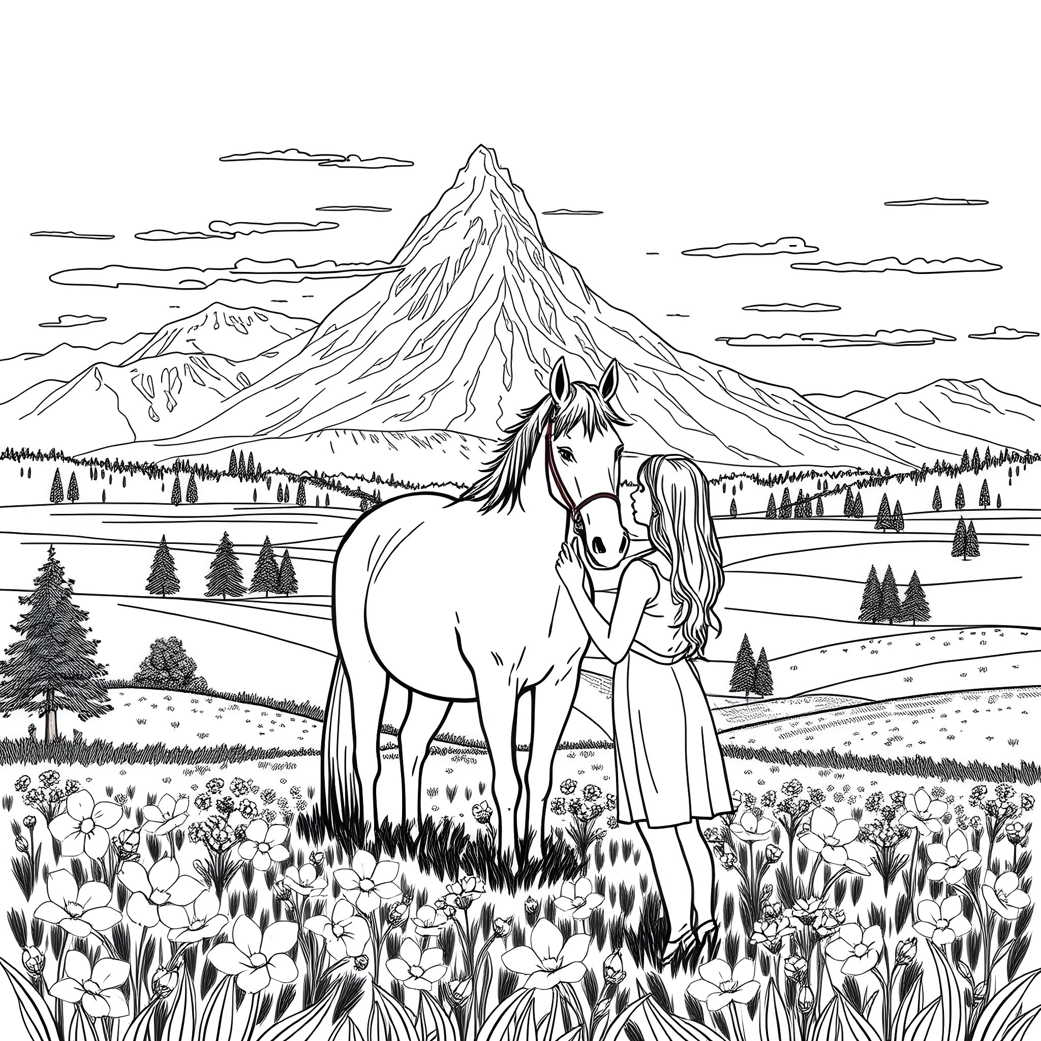 Woman embracing a majestic horse in a serene mountain landscape Coloring Page (free black-and-white line drawing printable PDF for all, from beginners to advanced learners, including children, teens, adults, and seniors)