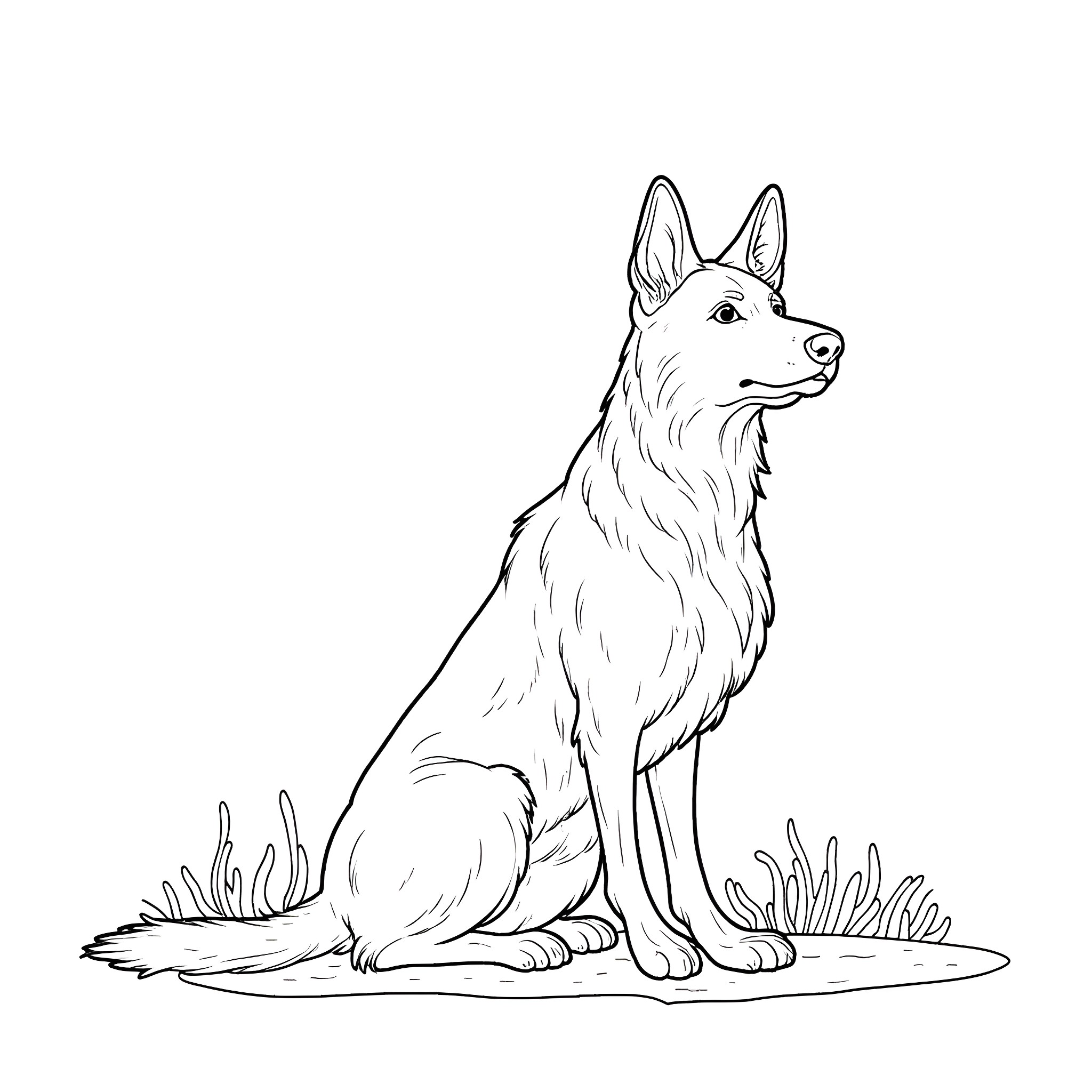 Norwegian Elkhound sitting attentively in the grass Coloring Page (free black-and-white line drawing printable PDF for all, from beginners to advanced learners, including children, teens, adults, and seniors)