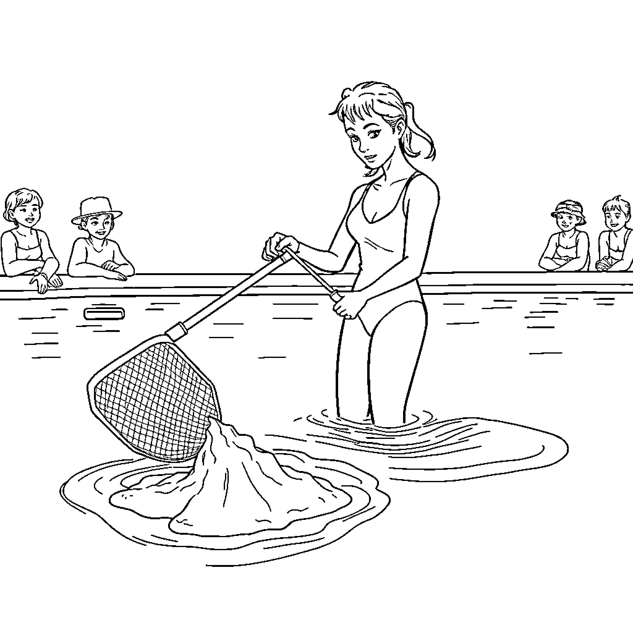 Lifeguard fishing for debris in the pool Coloring Page (free black-and-white line drawing printable PDF for all, from beginners to advanced learners, including children, teens, adults, and seniors)