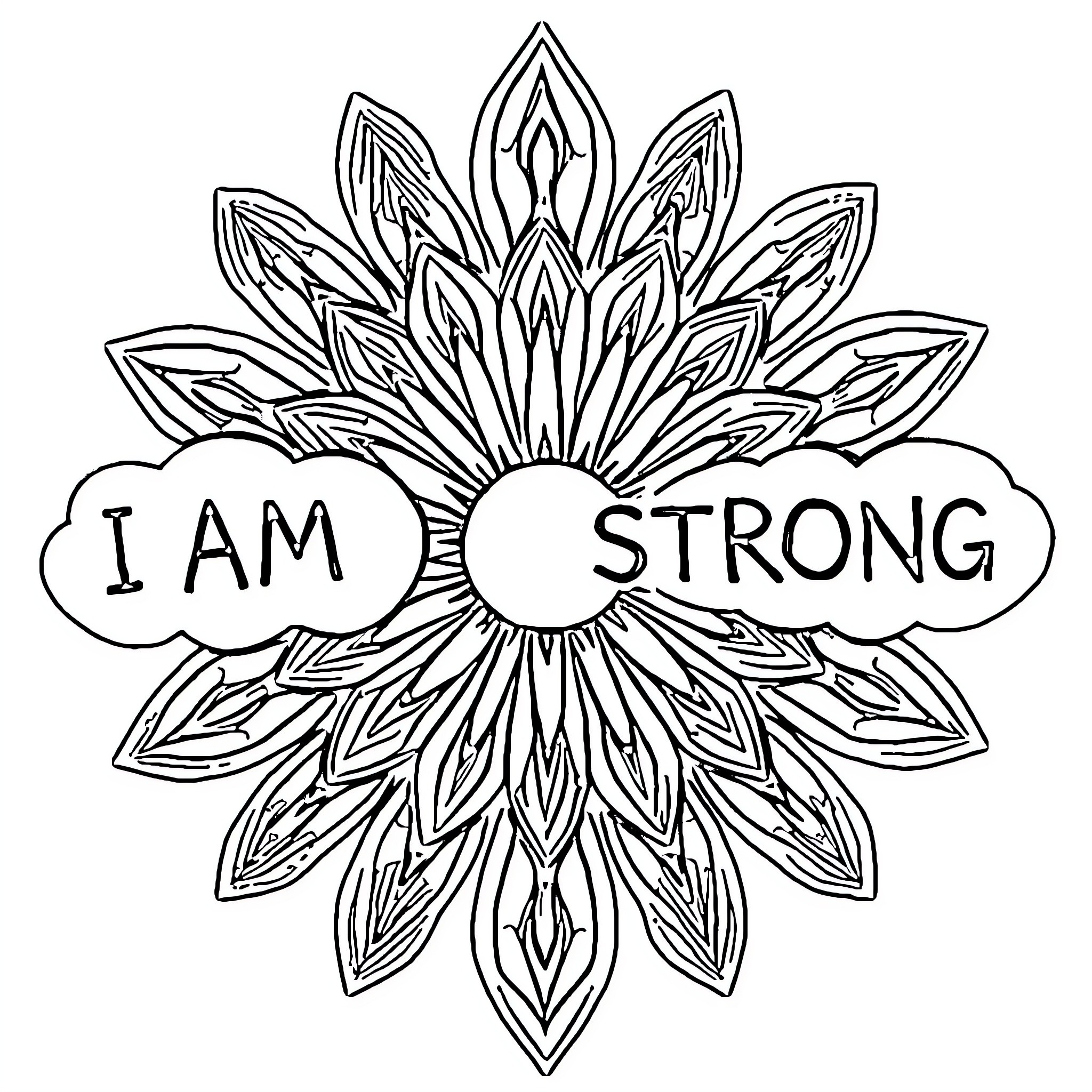 Flower with empowering affirmation Coloring Page (free black-and-white line drawing printable PDF for all, from beginners to advanced learners, including children, teens, adults, and seniors)