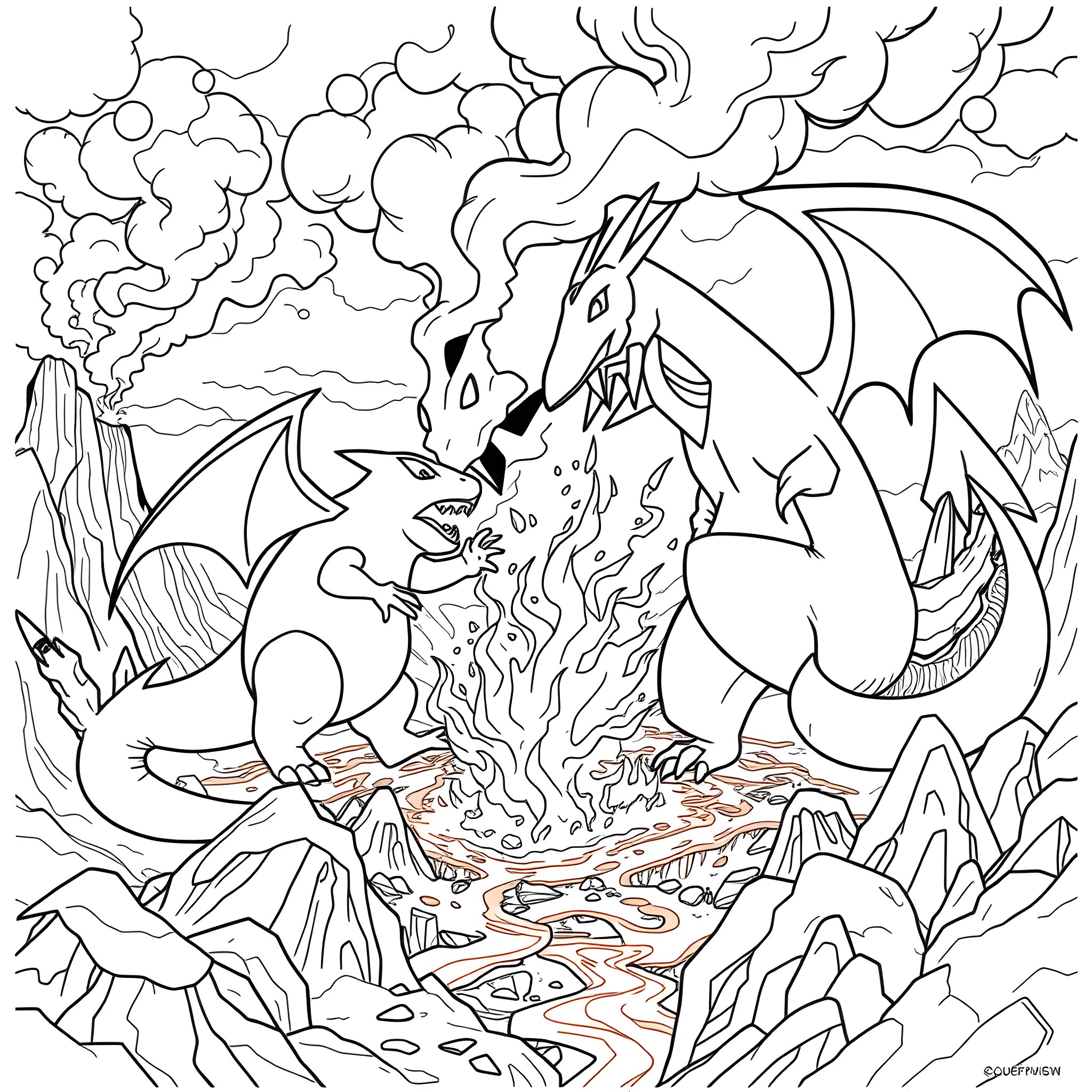 Gengar unleashing fiery power in a rugged landscape Coloring Page (free black-and-white line drawing printable PDF for all, from beginners to advanced learners, including children, teens, adults, and seniors)